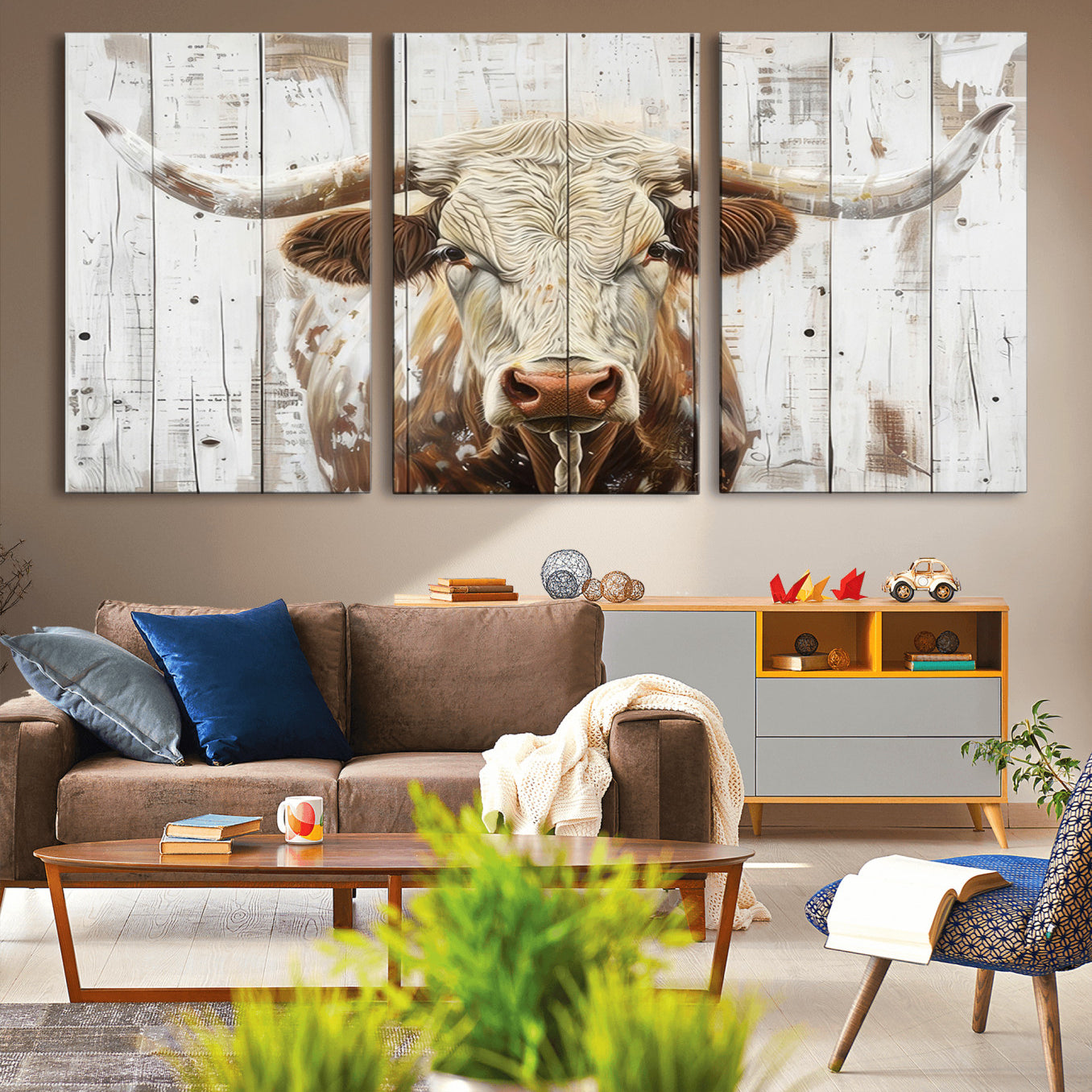 -Rustic Longhorn Bull Wall Art Canvas Set – Western-Inspired Farmhouse Décor - Ready to Hang