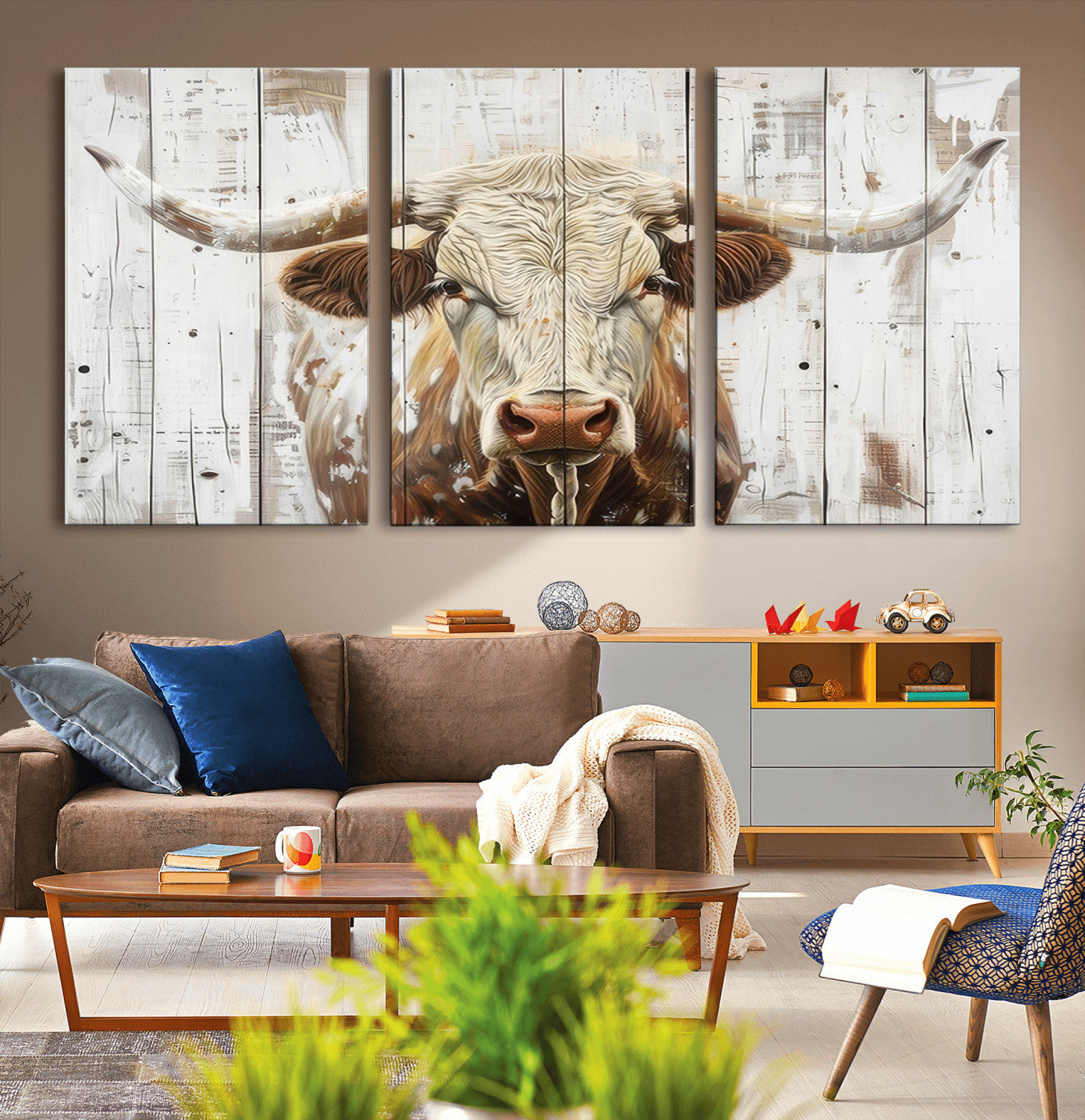 -Rustic Longhorn Bull Wall Art Canvas Set – Western-Inspired Farmhouse Décor - Ready to Hang