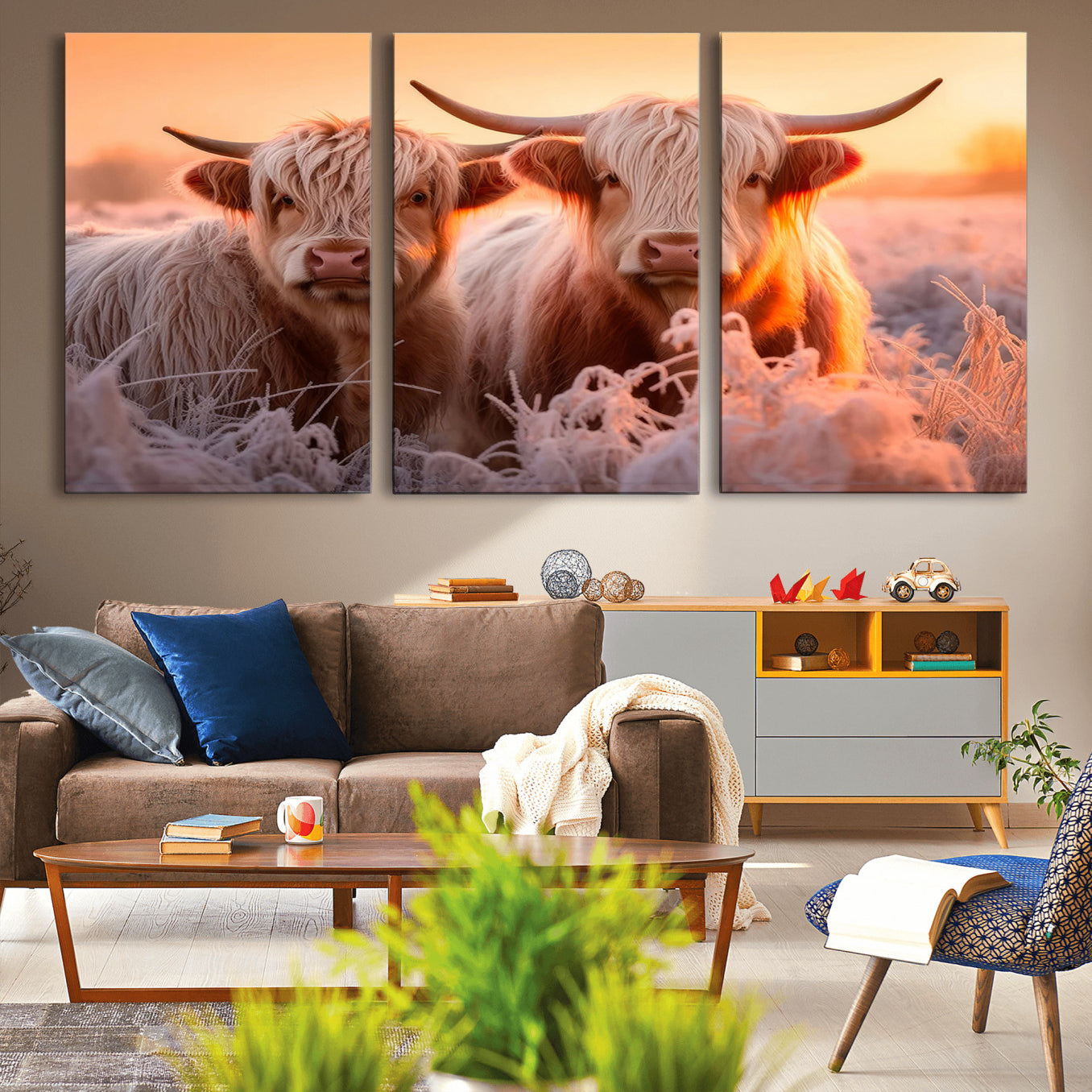 -Highland Cows at Sunrise Wall Art Canvas Set – Serene and Rustic Farmhouse Decor