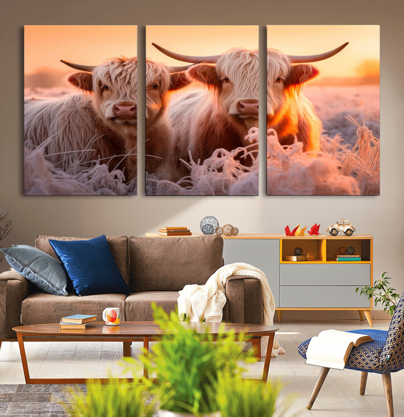 -Highland Cows at Sunrise Wall Art Canvas Set – Serene and Rustic Farmhouse Decor