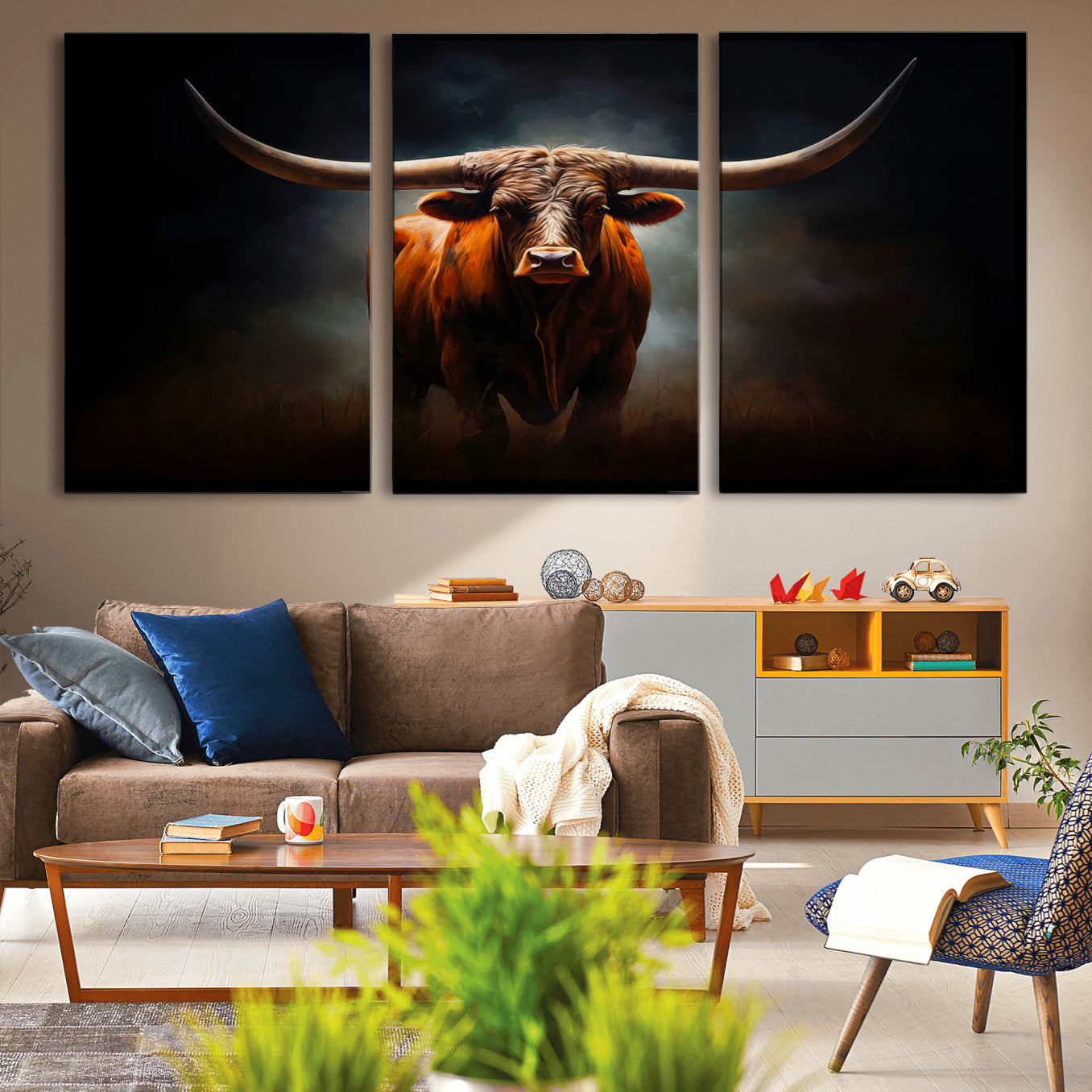 48896-MGV-CV-60X30-3P-Abstract Texas Longhorn Wall Art Print | 3-Panel Large Texas Longhorn Canvas Print for Living Room,