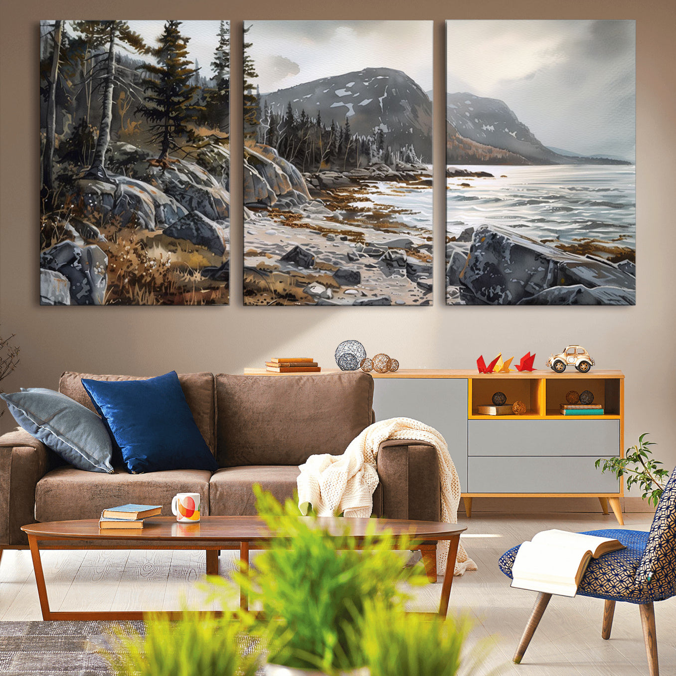 41281-MGV-CV-36X24-Serene Coastal View of Acadia National Park - Stunning 3-Panel Wall Art Canvas Print, Framed, Ready