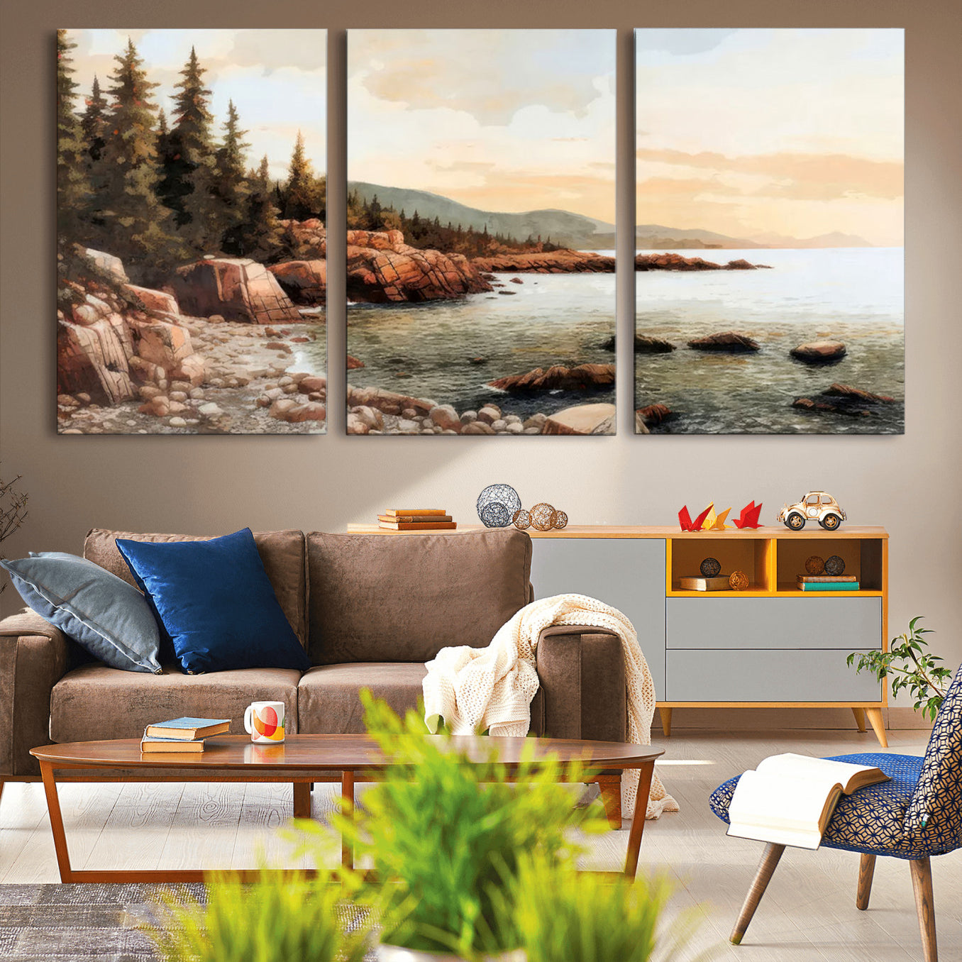 77145-MGV-CV-36X24-Serene Coastal View of Acadia National Park Wall Art - Stunning 3-Panel Wall Art Canvas Print,