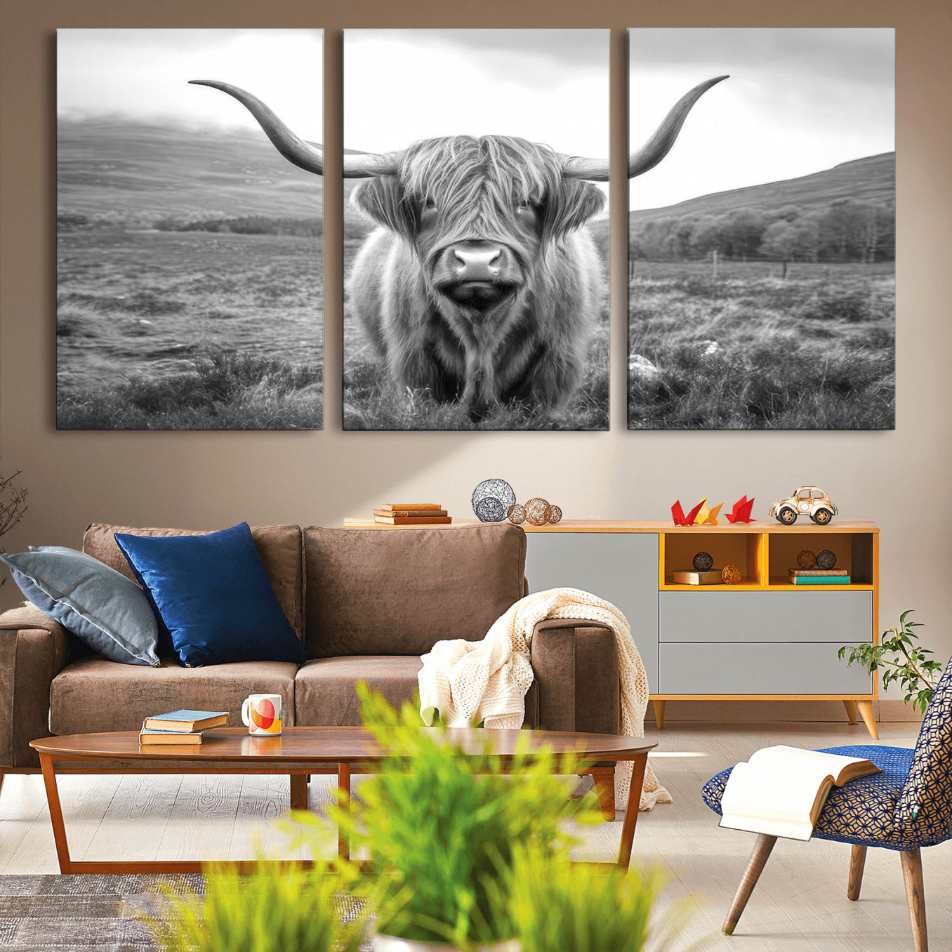 -Black White Scottish Highland Cow Canvas Farm Wall Art Canvas Print Rustic Animal Art for Home, Office Decor