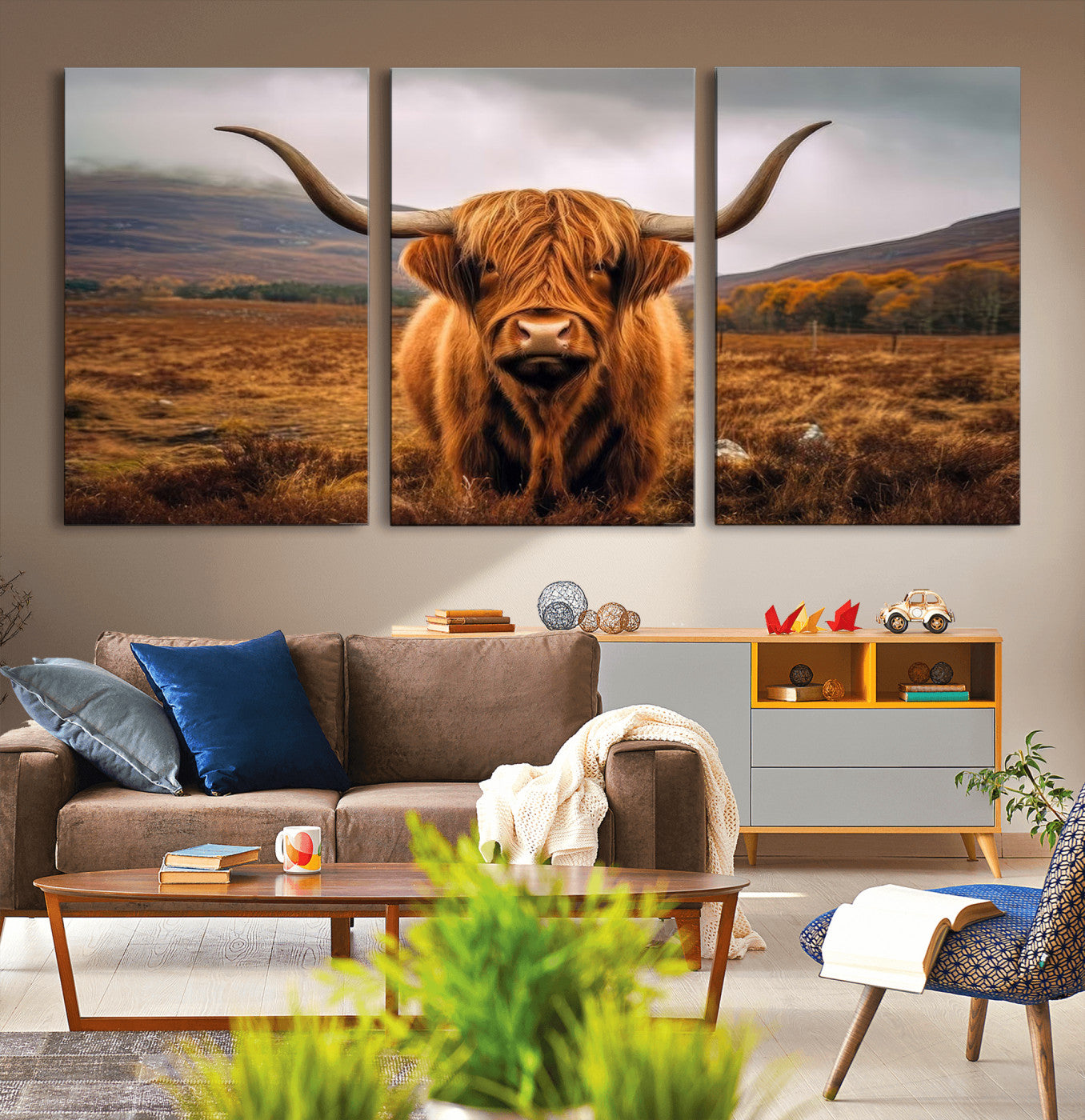 -Highland Cow Longhorn Wall Art – Rustic Canvas Print, Framed and Ready to Hang for Farmhouse Décor