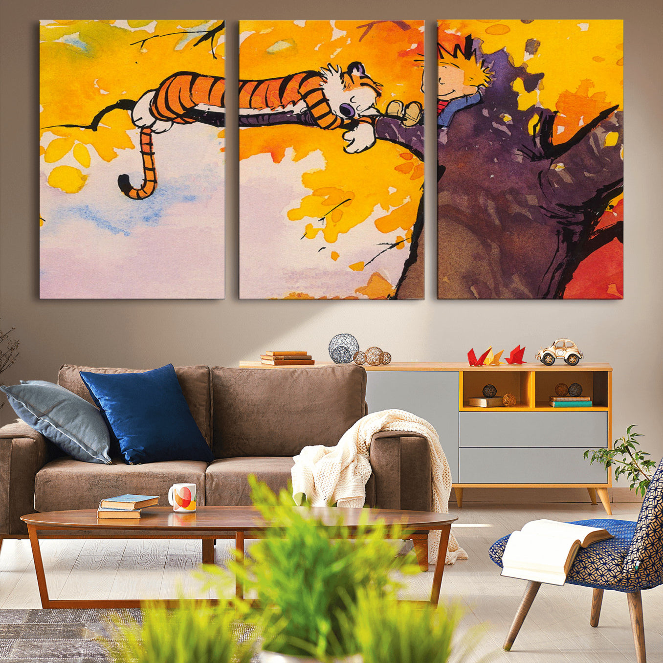 55145-MGV-CV-60X30-3P-Calvin and Hobbes Tree Scene Canvas Print | 3 Panel Large Wall Art for Living Room or Kid’s Room,