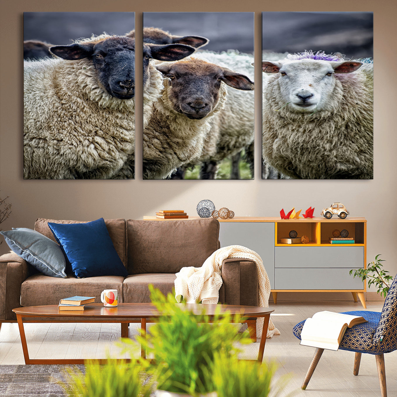 -Charming Sheep Portrait Wall Art – Trio of Woolly Companions Canvas Print, Framed, Ready to Hang