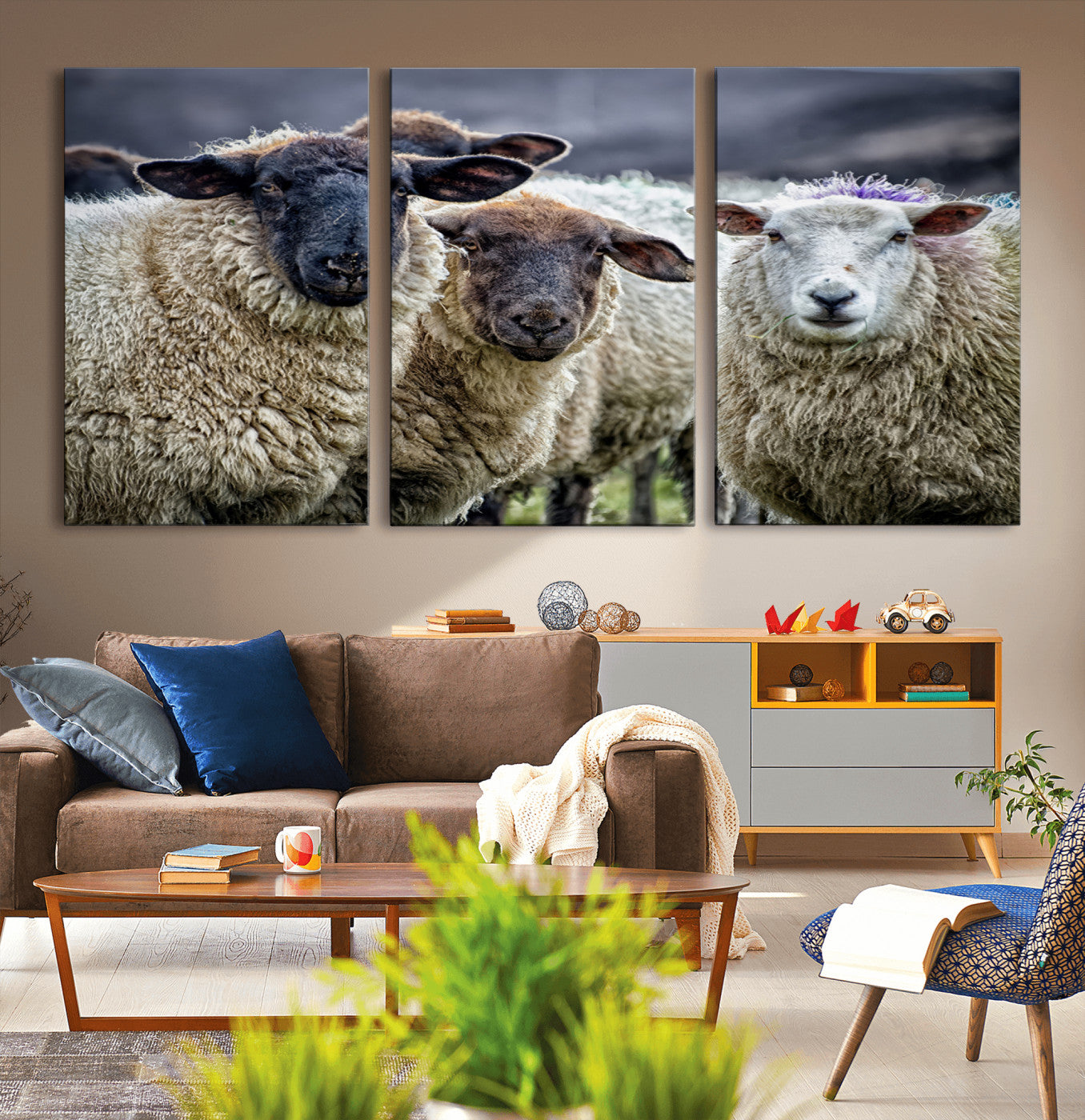 -Charming Sheep Portrait Wall Art – Trio of Woolly Companions Canvas Print, Framed, Ready to Hang