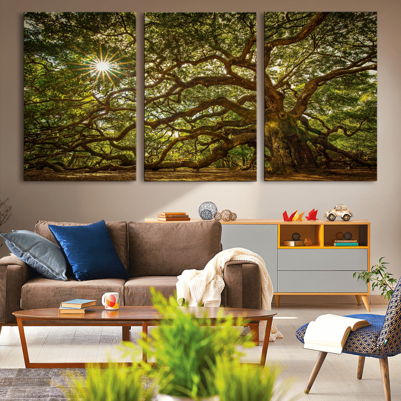 57983-MGV-CV-36X24-Ancient Angel Oak Tree Art Sunburst Canvas Print- Nature-Inspired Triptych Canvas Print, Framed,