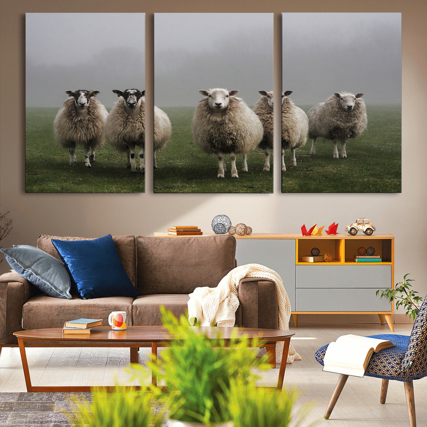 -Flock of Sheep in a Mystical Fog – Pastoral Wall Art Canvas Print, Framed, Ready to Hang