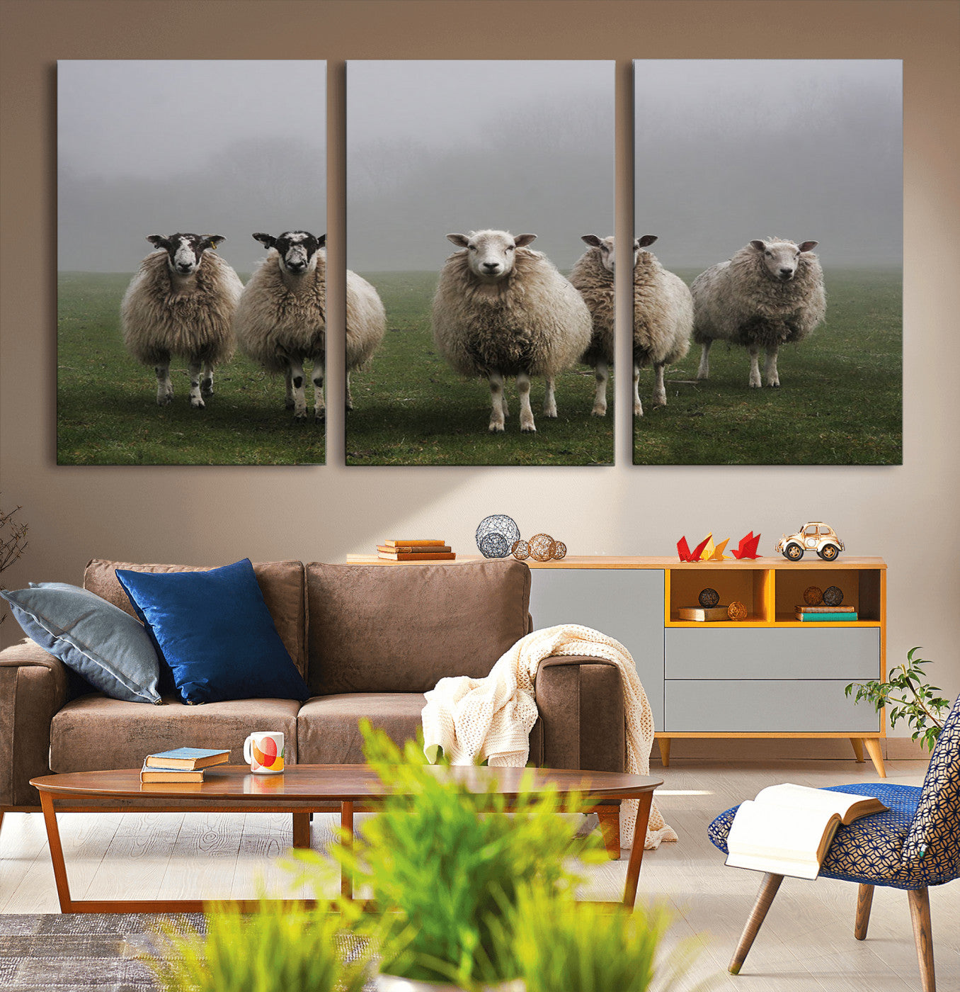 -Flock of Sheep in a Mystical Fog – Pastoral Wall Art Canvas Print, Framed, Ready to Hang