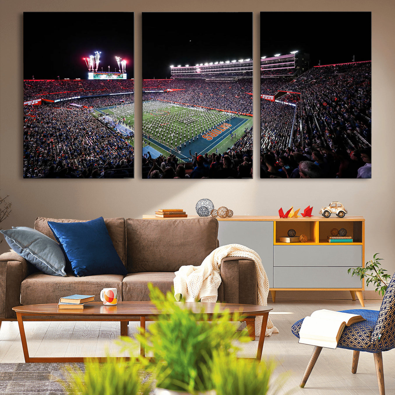 -Ben Hill Griffin Stadium Night Game Triple Canvas Wall Art - Florida Gators Football Match