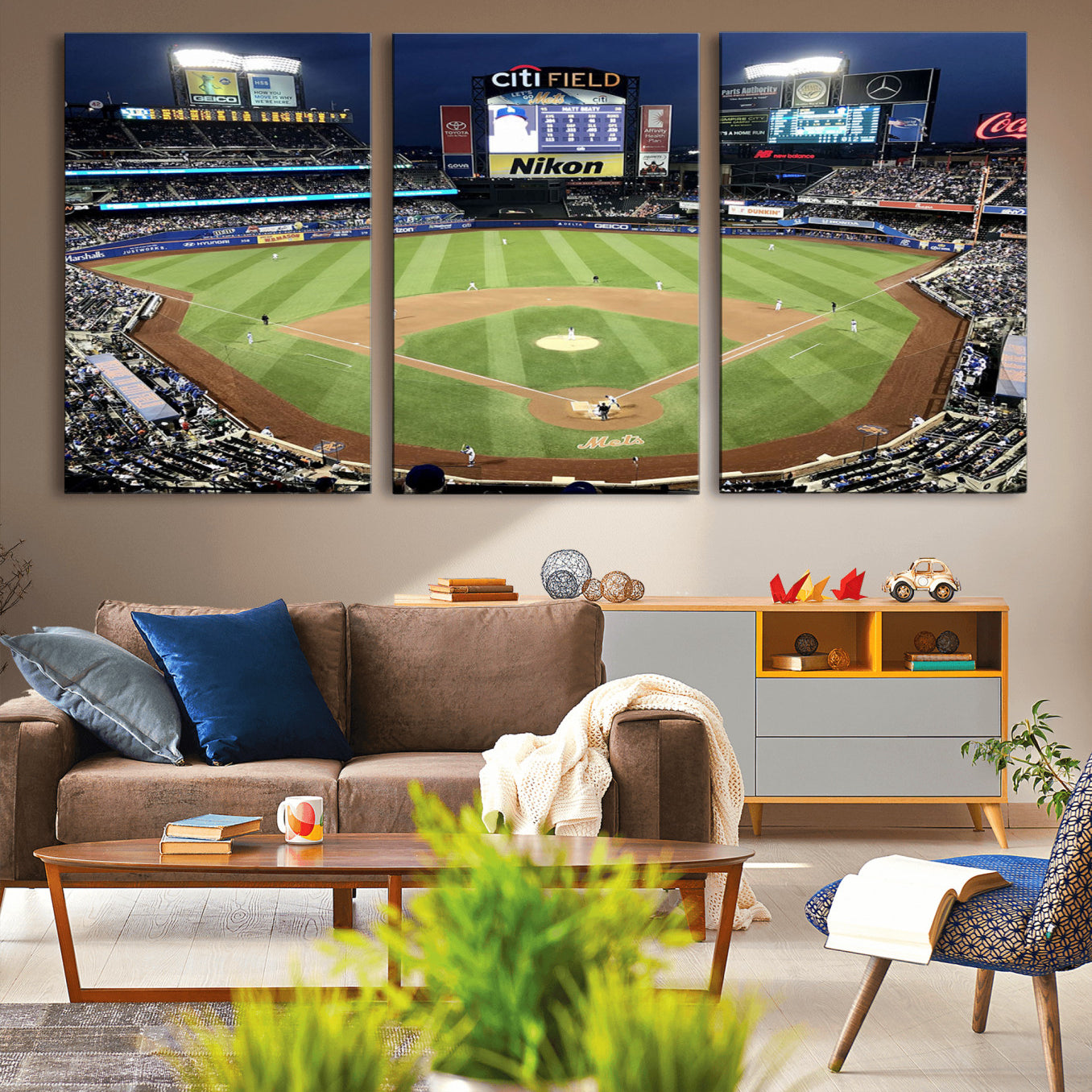 87666-MGV-CV-60X30-3P-Citi Field Wall Art Print | 3-Panel New York Mets Baseball Stadium Canvas Print | Framed Sports