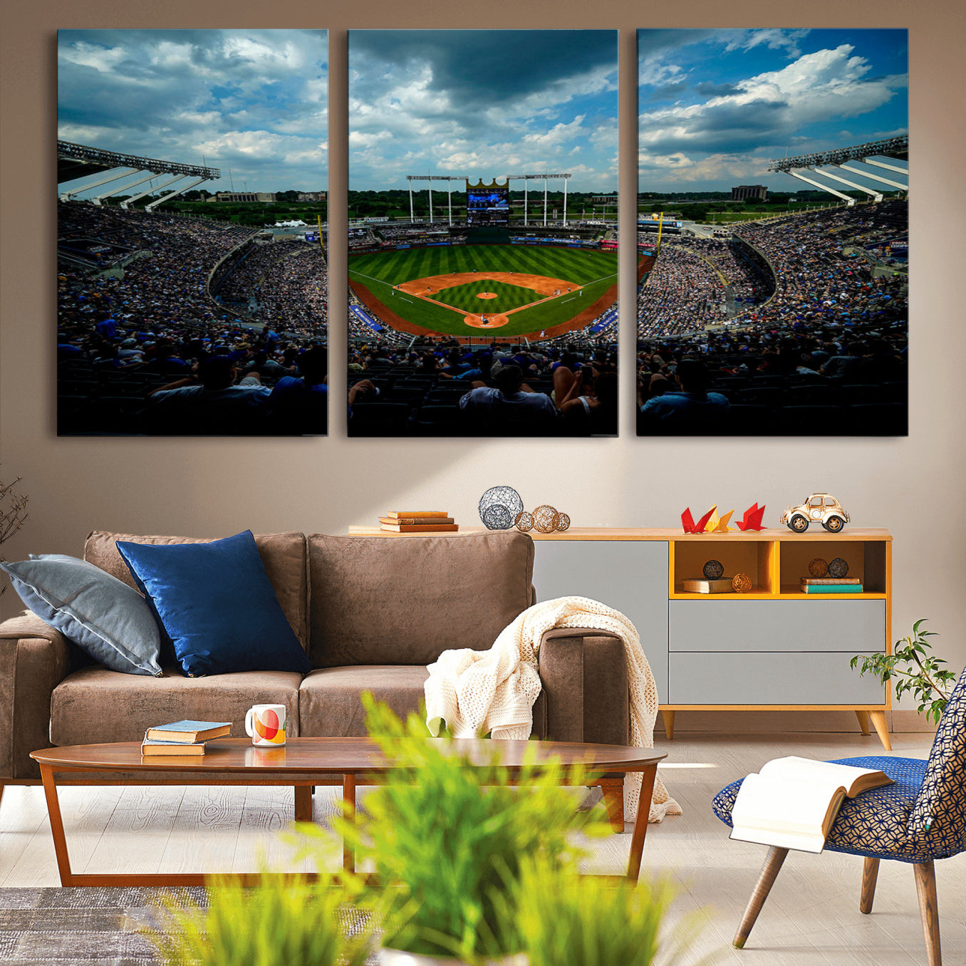 -3-Panel Kauffman Stadium Wall Art Print | Large Kansas City Royals Baseball Canvas Print for Sports