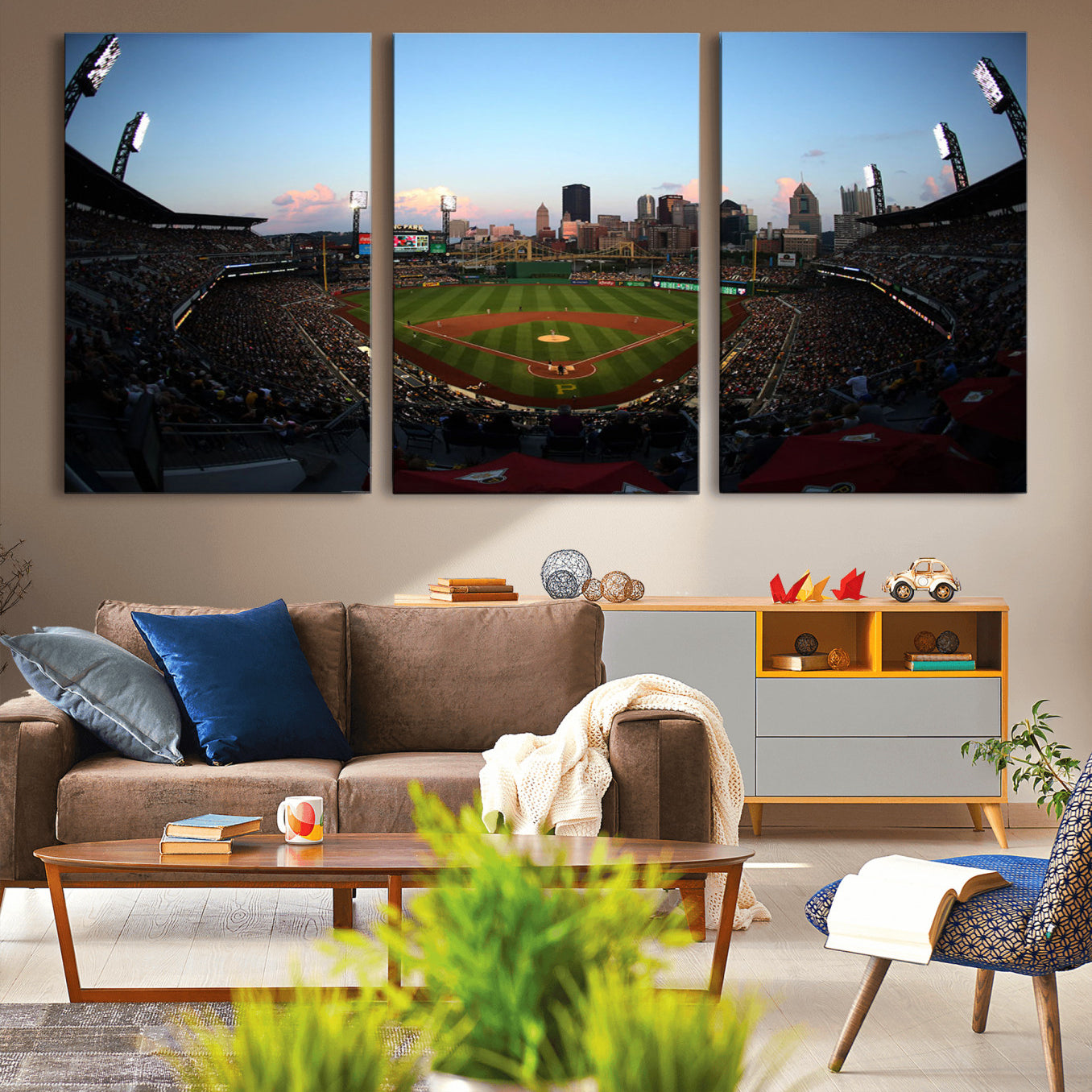 67670-MGV-CV-36X24-PNC Park Evening Game Triple Canvas Wall Art - Pittsburgh Pirates MLB Match - PNC Park Stadium Wall
