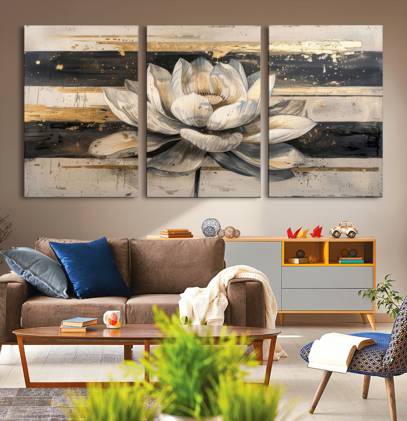 MGV-CV-60X30-3P - Lotus Flower Wall Art Canvas Print, Framed Abstract Lotus Art Picture Print, White Lotus Flower Perfect Abstract Floral Decor Artwork