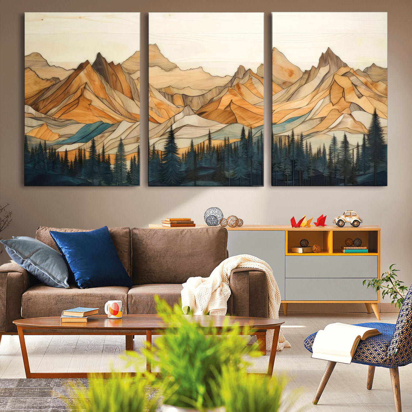 31576-MGV-CV-36X24-Rustic Wood Mountain Wall Art Print | Triptych Giclee Print Featuring Handcrafted Forest and
