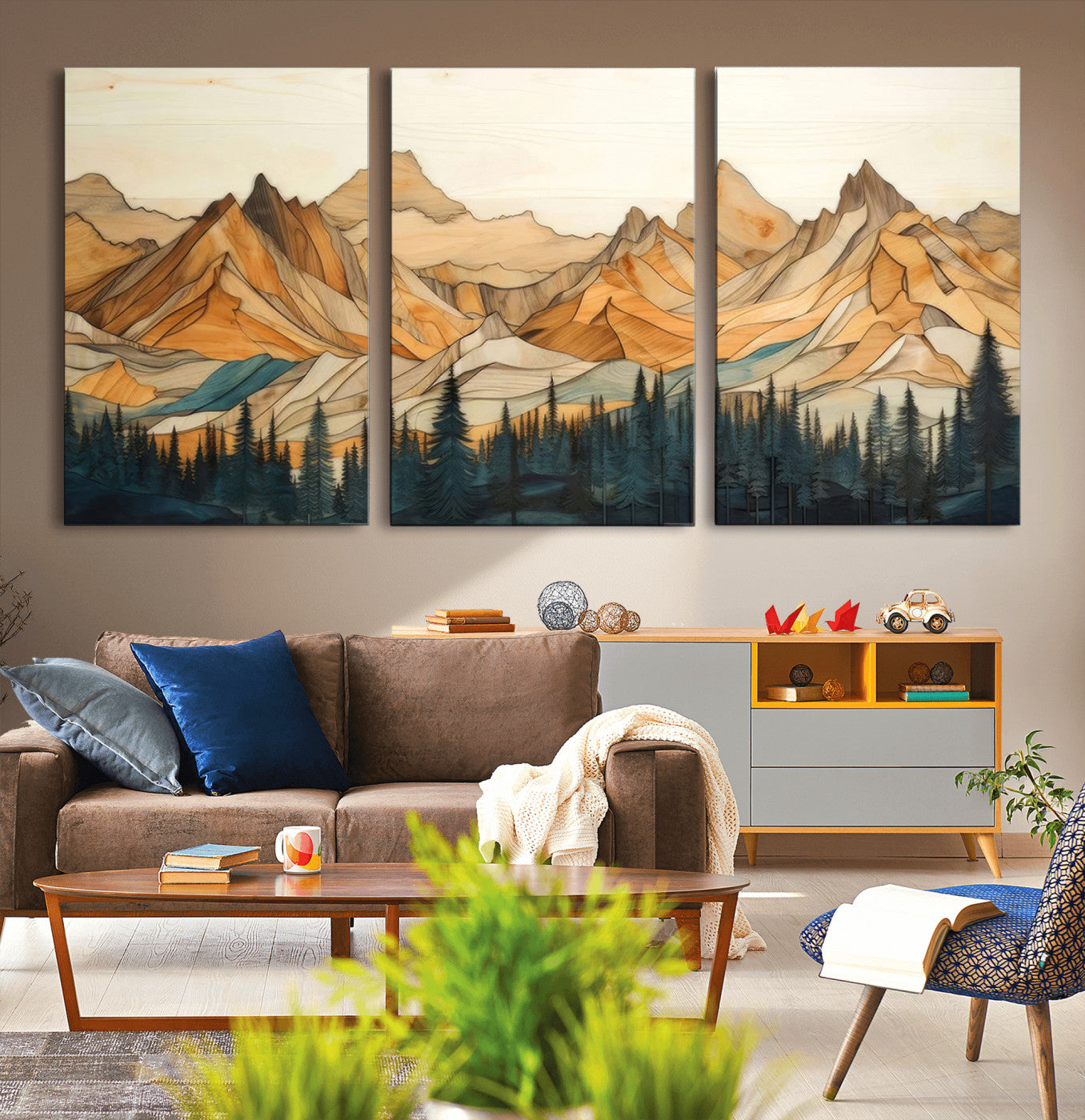 -Rustic Wood Mountain Wall Art Print | Triptych Giclee Print Featuring Handcrafted Forest and