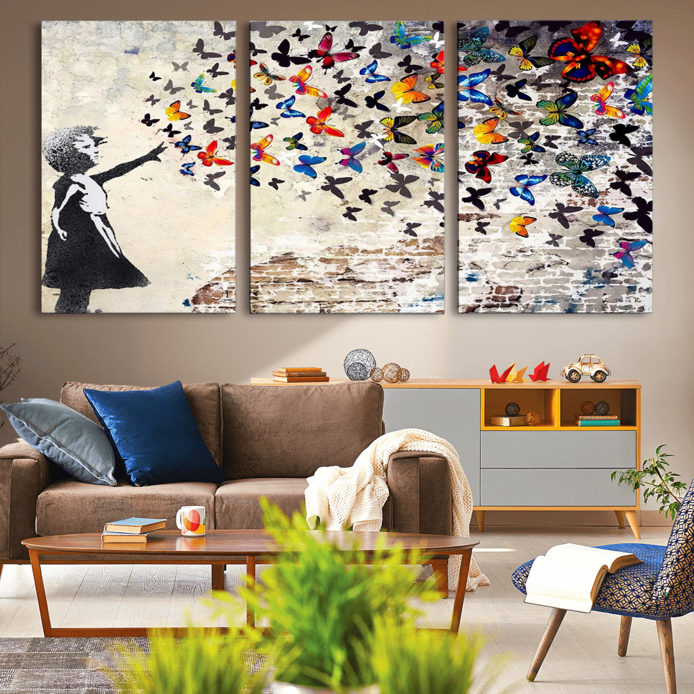 -Banksy Graffiti Wall Art Canvas Print: Girl Releasing Vibrant Butterflies – Ready to Hang