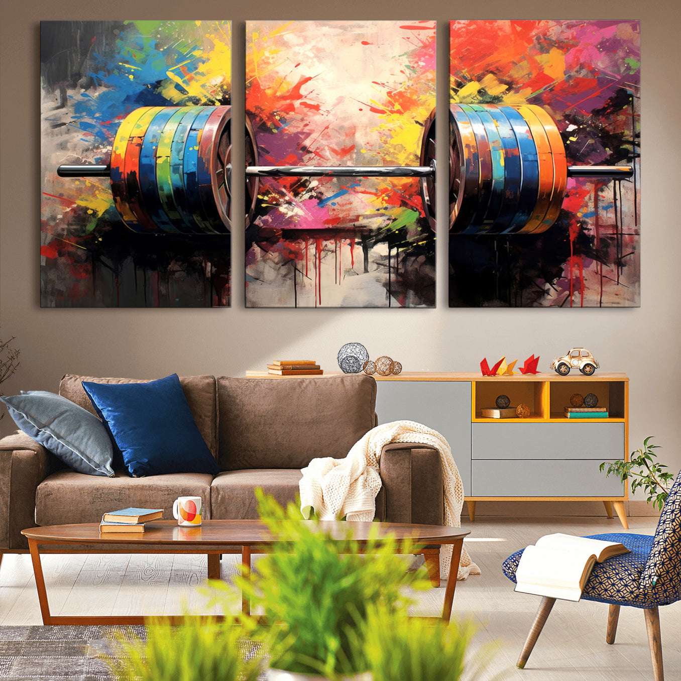 80436-MGV-CV-36X24-Weightlifting Barbell Art Triptych, Bold Abstract Fitness Wall Decor for Gym or Home, Giclee Canvas