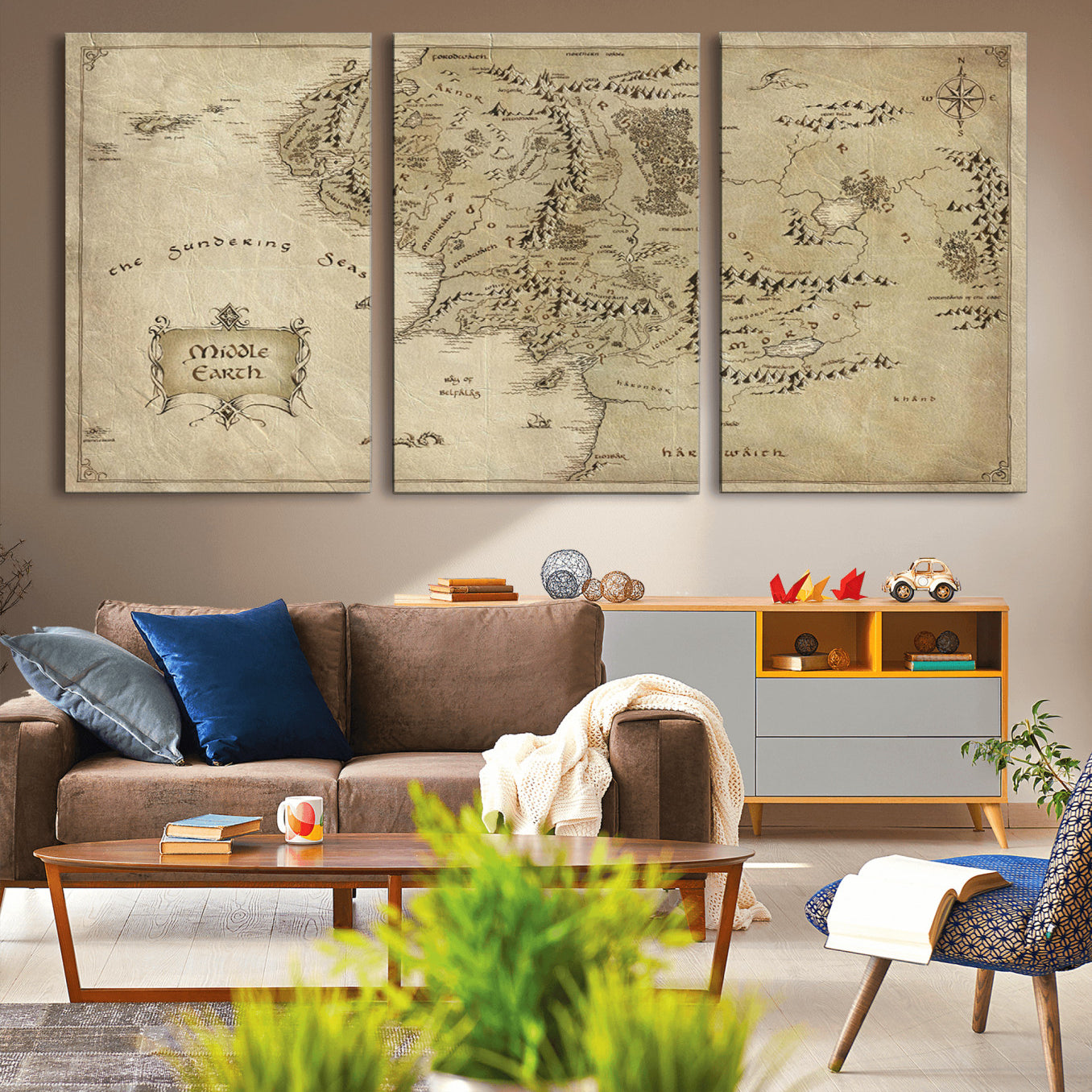 21784-MGV-CV-36X24-Vintage Middle Earth Map Wall Art Canvas – Lord of the Rings Inspired Framed Map Print, Classic Fantasy Decor for Home, Office