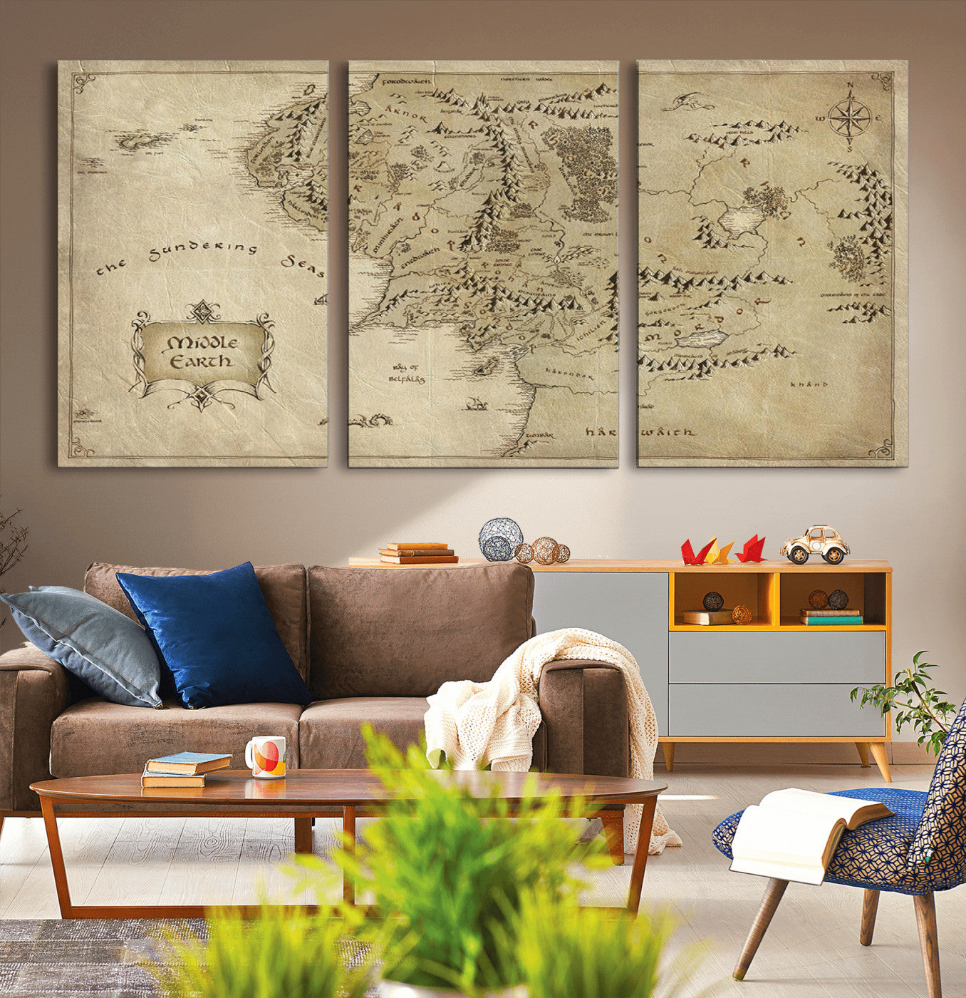 21784-MGV-CV-36X24-Vintage Middle Earth Map Wall Art Canvas – Lord of the Rings Inspired Framed Map Print, Classic Fantasy Decor for Home, Office