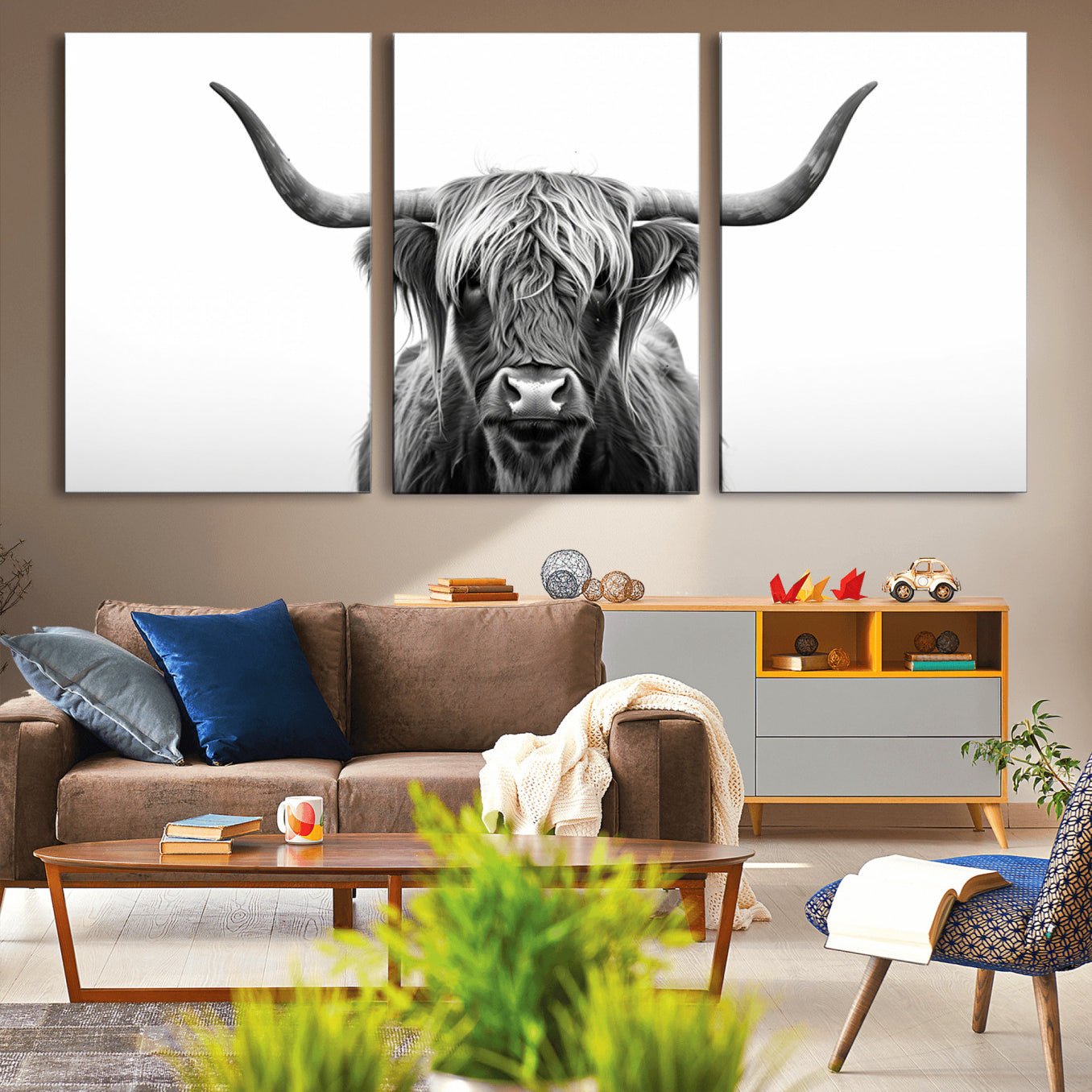 -Highland Wall Art Canvas Print – Minimalist Black and White Farmhouse Décor, Ready to Hang