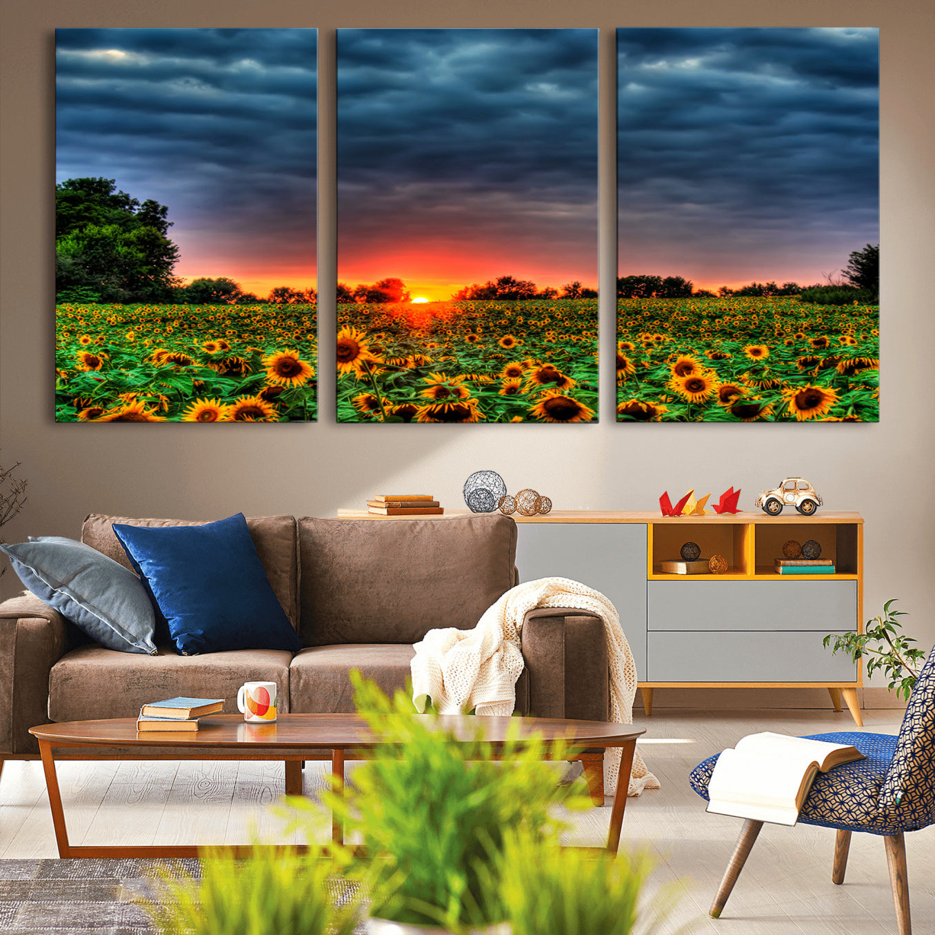 -Golden Sunflower Field at Sunset – Breathtaking Sky and Vibrant Flowers, Ready to Hang Wall Art