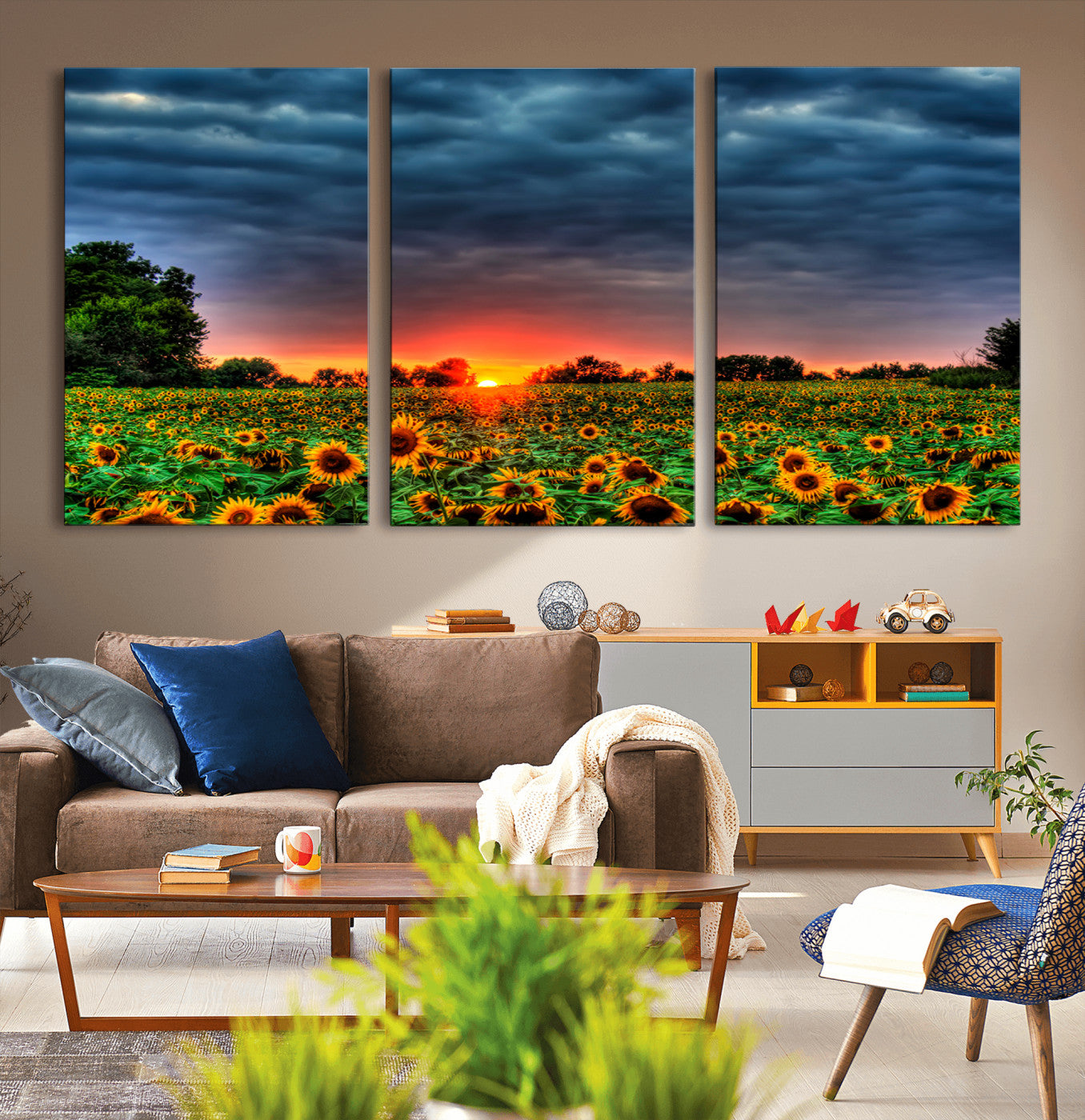 -Golden Sunflower Field at Sunset – Breathtaking Sky and Vibrant Flowers, Ready to Hang Wall Art