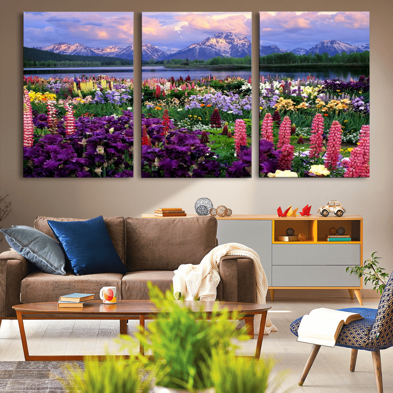 -Wildflower Canvas Print – Blooming Floral Meadows with Majestic Mountain Backdrop, Ready to Hang