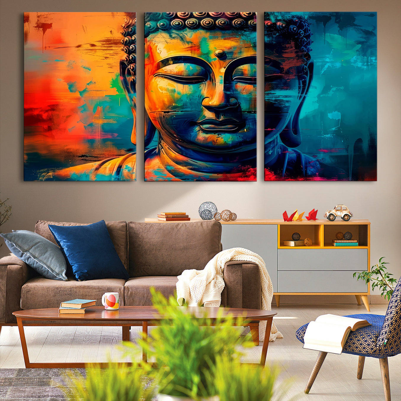 A vibrant, abstract artistic rendition of a Buddha statue face, blending bold and contrasting colors to evoke a sense of peace, spirituality, and enlightenment.