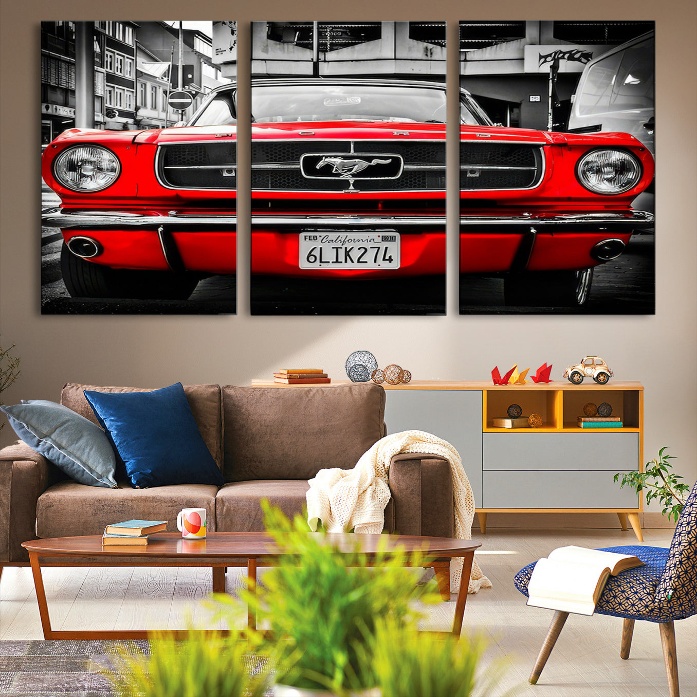 20365-MGV-CV-48X32-3P-Red Mustang Car Wall Art – Framed Classic Vehicle Canvas Artwork, Black White Urban Design, Decor for Home, Office