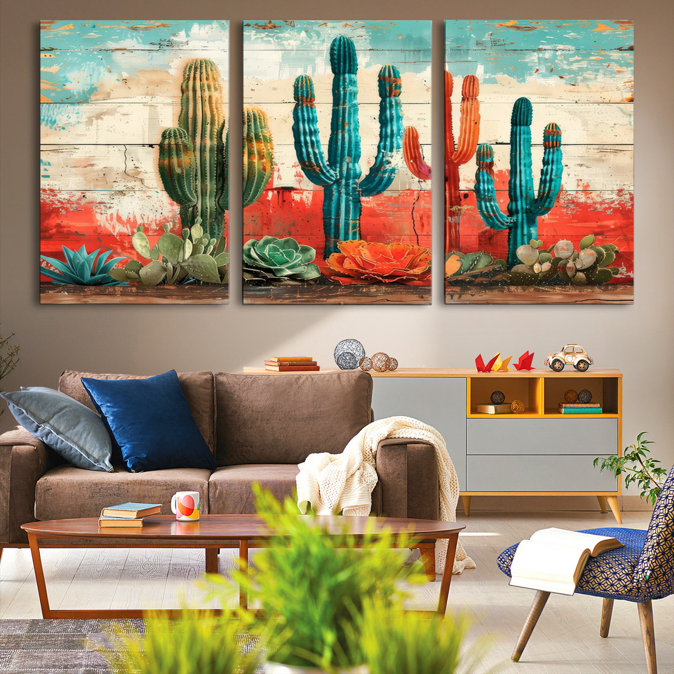 A vivid southwestern-style artwork featuring an eclectic mix of cacti and succulents painted against a textured, rustic wood backdrop in rich turquoise, red, and orange hues.