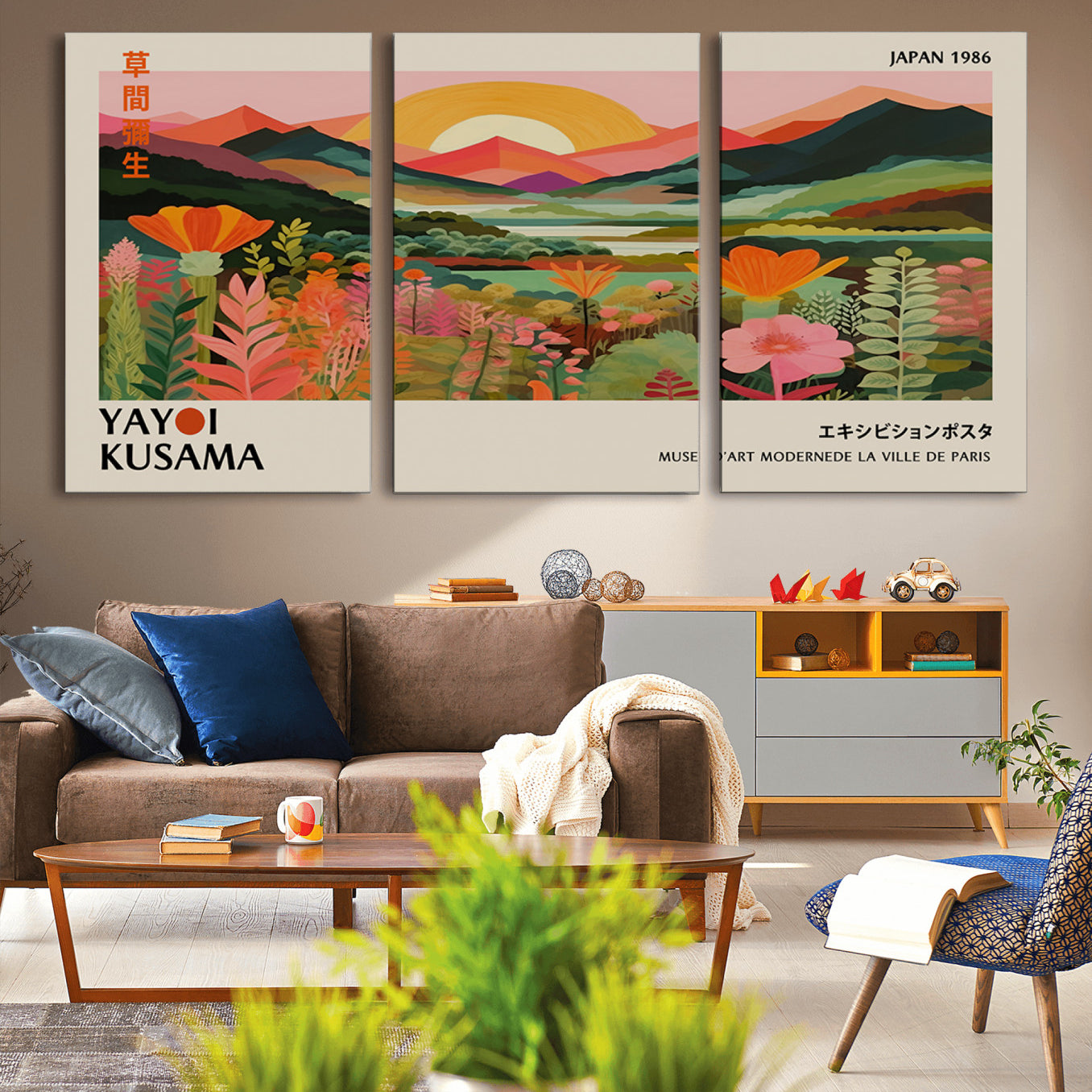 -Framed Yayoi Kusama Print, Vibrant Floral Mountain Art Print, Botanical Flower Nature Decor, Sunset