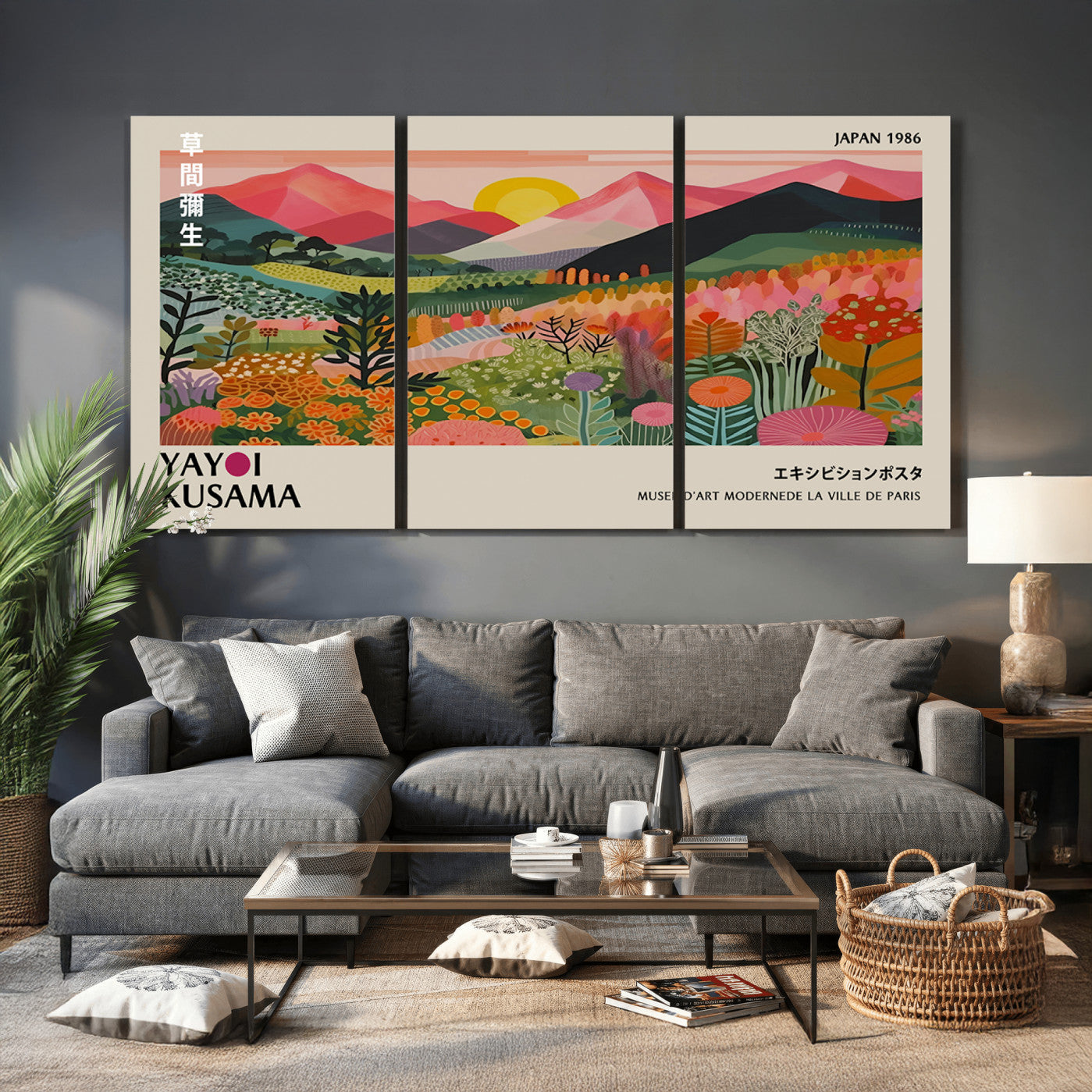 30051-MGV-CV-36X24 - Yayoi Kusama Landscape Canvas Print, Vibrant Floral Mountain Art Print, Framed Botanical Wall Art