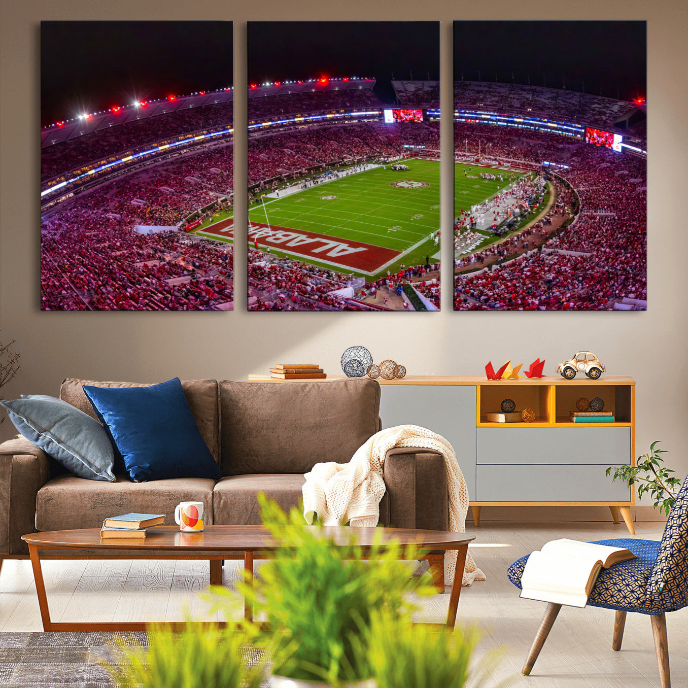 -Bryant-Denny Stadium Night Game Triple Canvas Wall Art - Alabama Crimson Tide Football Match