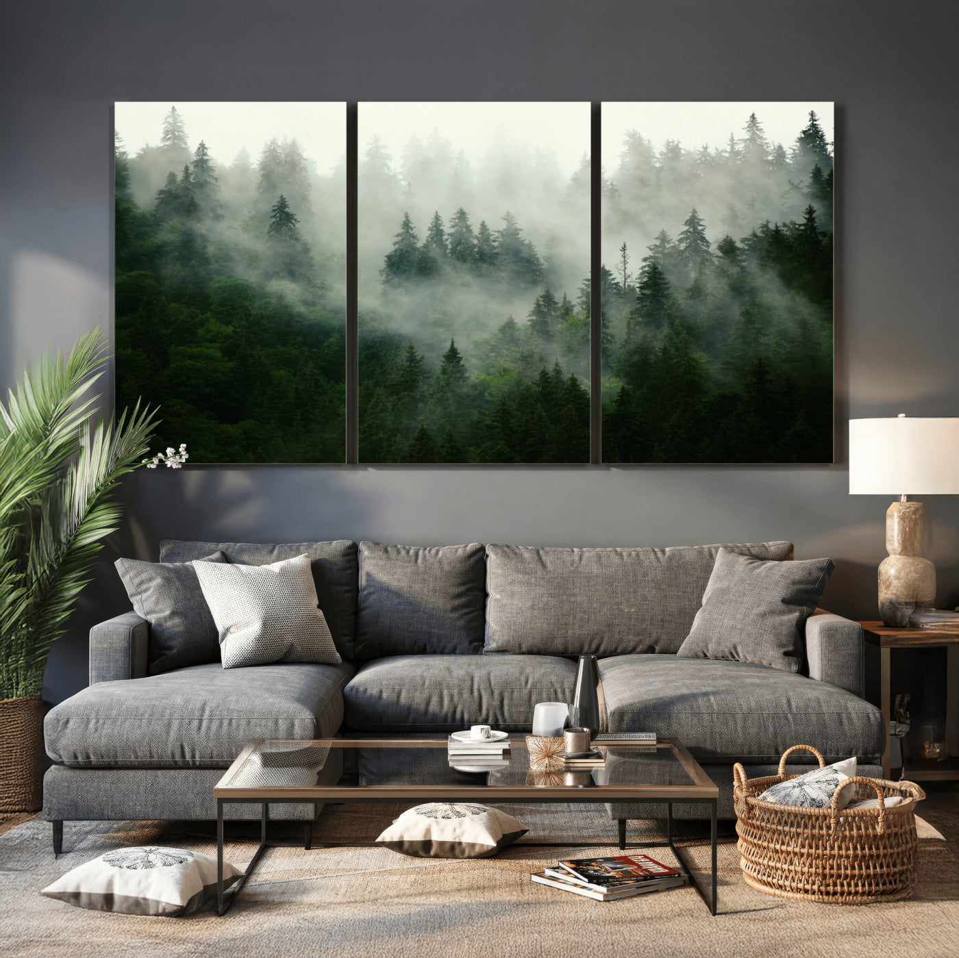 167720496-MGV-CV-36X24 - Misty Forest Mountain Wall Art Canvas | Large 3-Panel Foggy Landscape Canvas Print | Nature Misty