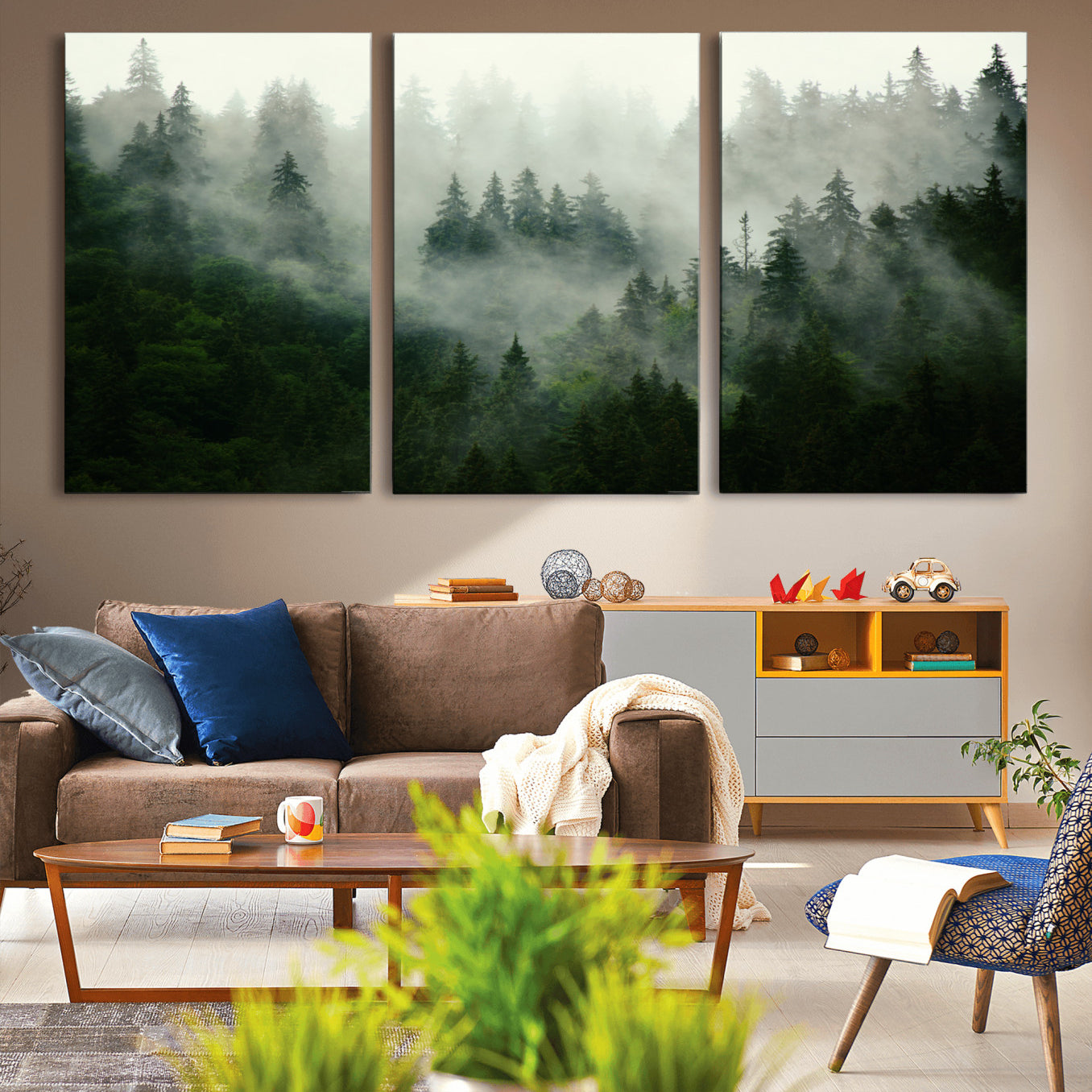 167720496-MGV-CV-36X24-Misty Forest Wall Art – Tranquil Green Woodland Canvas Print, Nature Landscape Decor for Living Room, Bedroom or Office