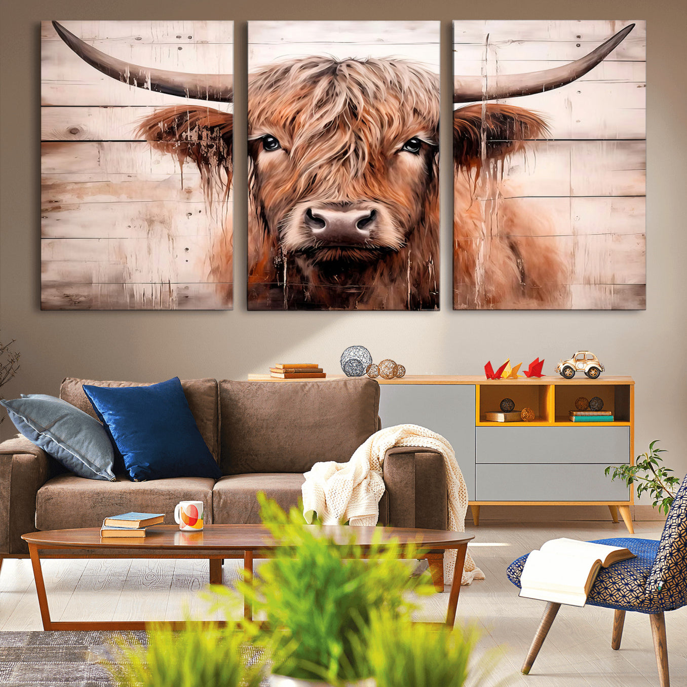 -Vintage Scottish Highland Cow Cattle Art Print Farmhouse Wall Art Canvas Print