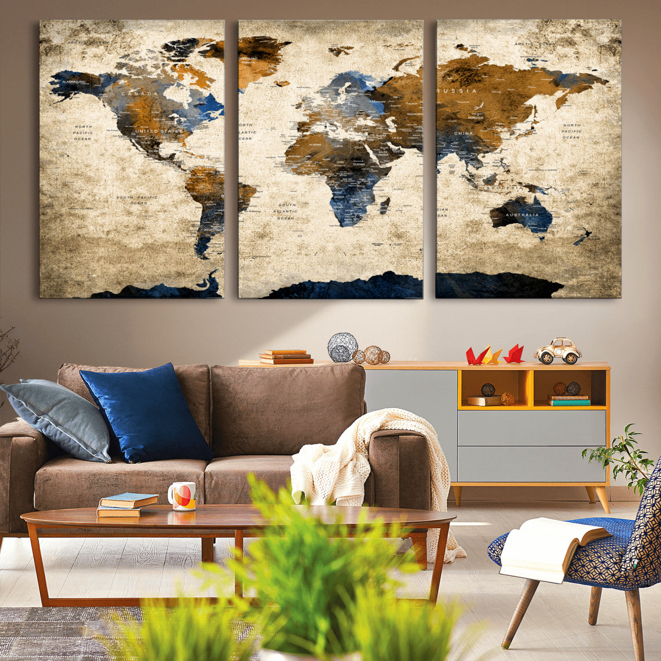 51140-MGV-CV-36X24-World Map Wall Art – Antique Style Blue and Brown Map Canvas Print, Classic Travel Wall Decor for Home Office or Study Room