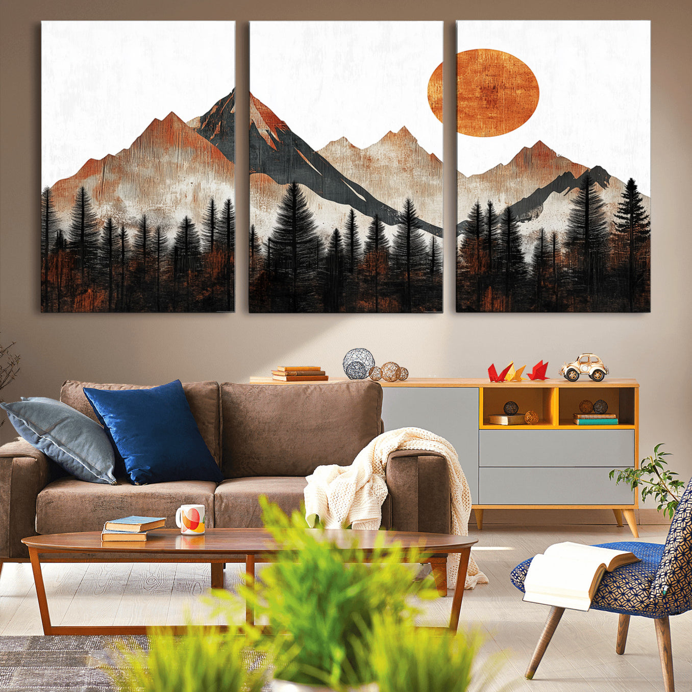 71366-MGV-CV-36X24-Modern Abstract Mountain Canvas Wall Art Print, Abstract Landscape Print, Rustic Sun and Mountains