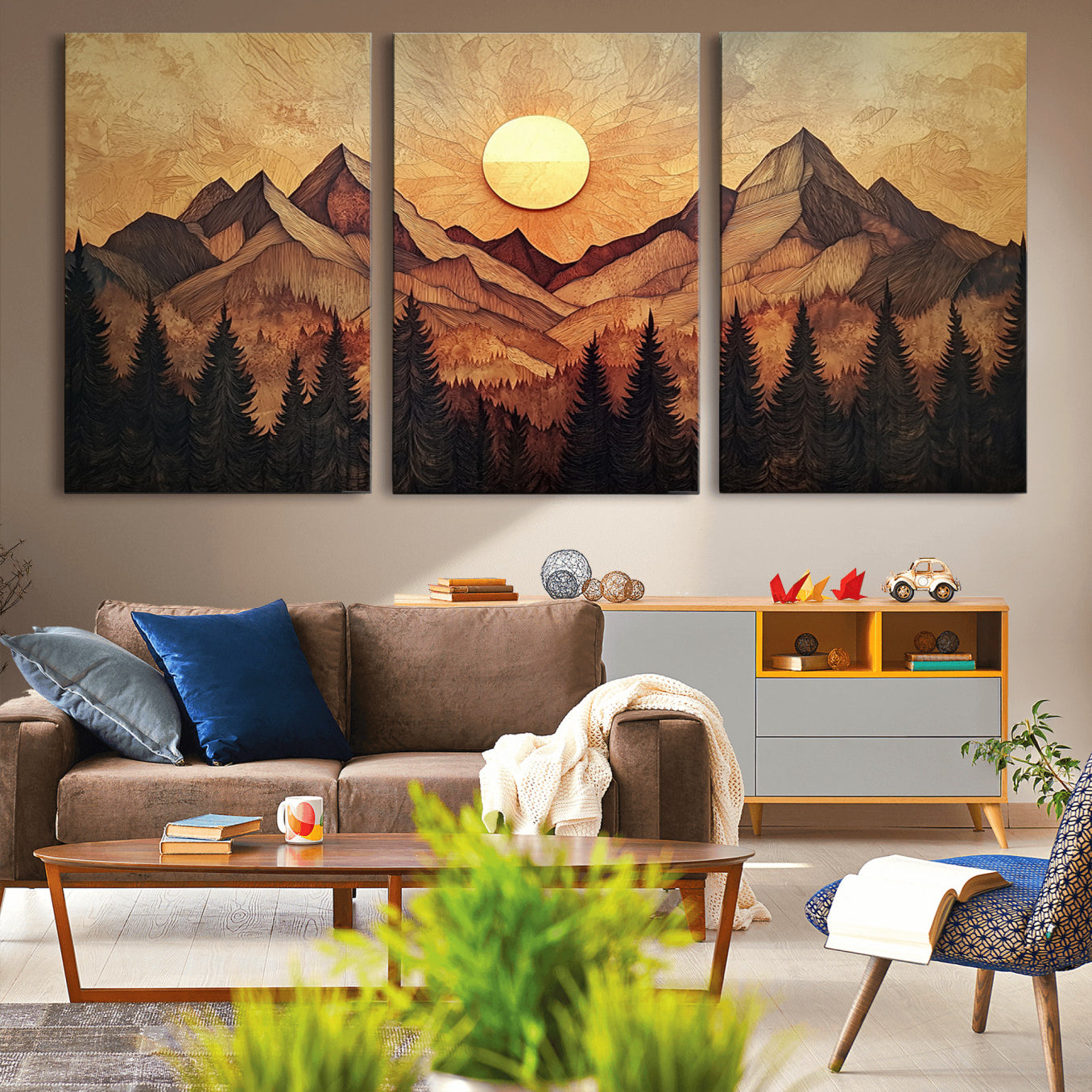 71340-MGV-CV-36X24-Wood Style Abstract Mountain Sunset Canvas Wall Art Print - Warm Earth Nature-Inspired Decor for