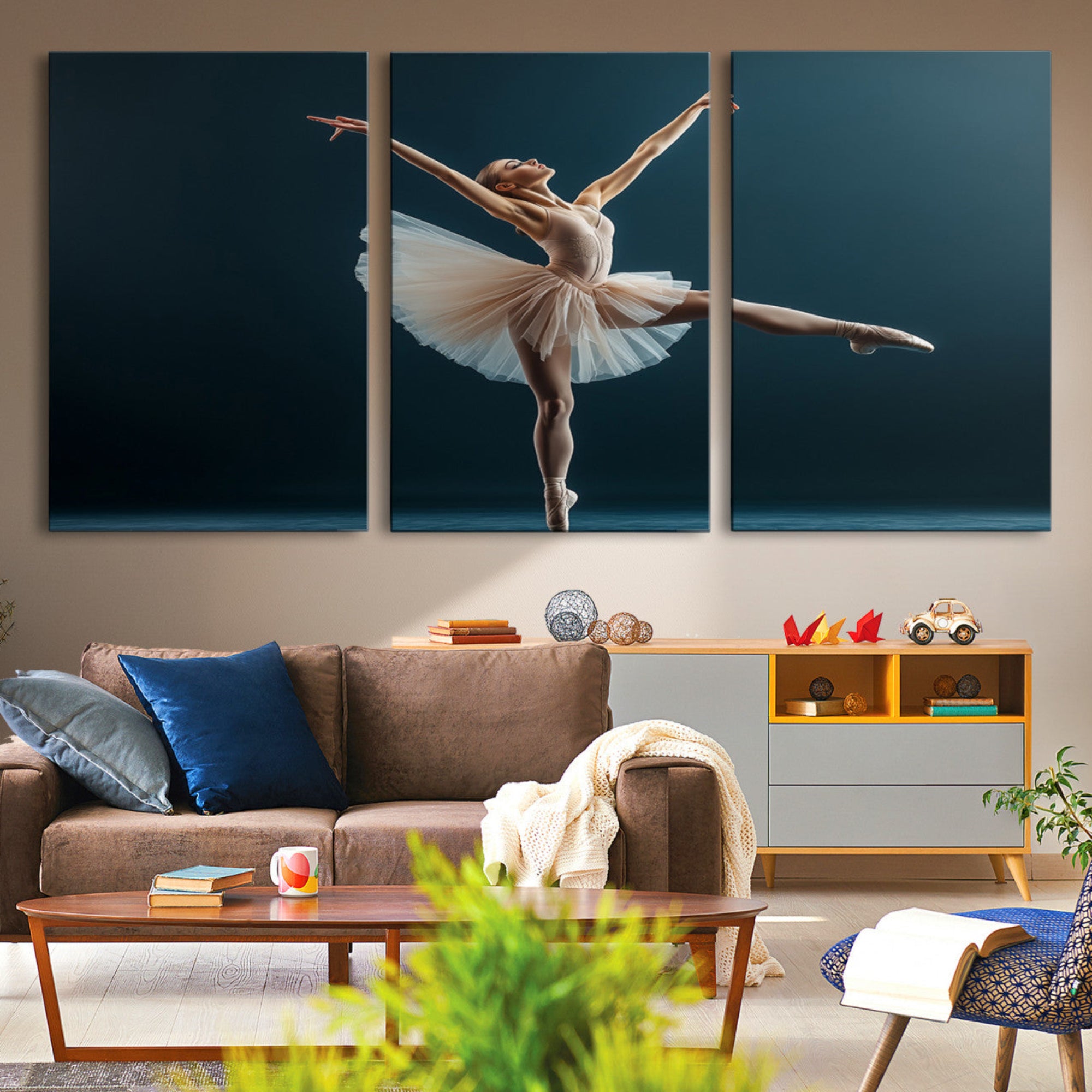 An elegant ballerina captured mid-pose on pointe, radiating grace and strength in a perfectly lit studio setting, her tutu fanned out in delicate symmetry.