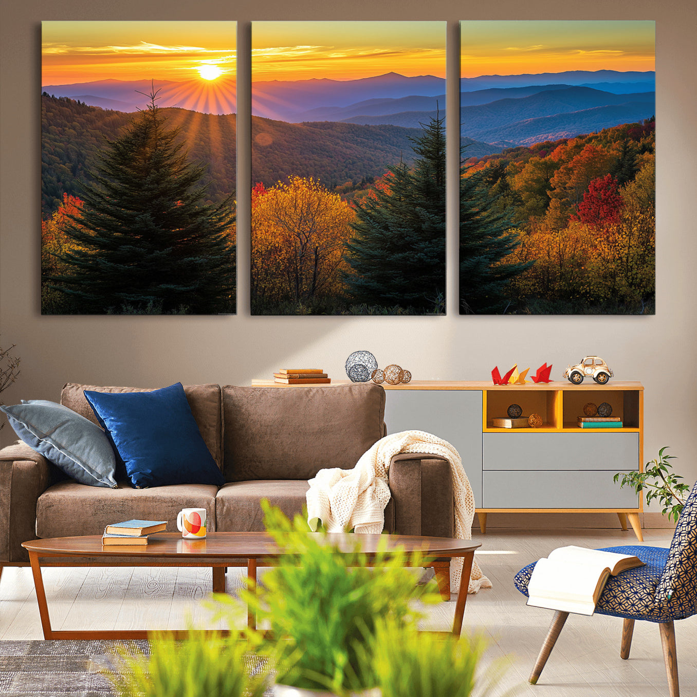 -Golden Sunset Over Mountain Forest Canvas Wall Art Print - Warm Nature-Inspired Landscape for Living