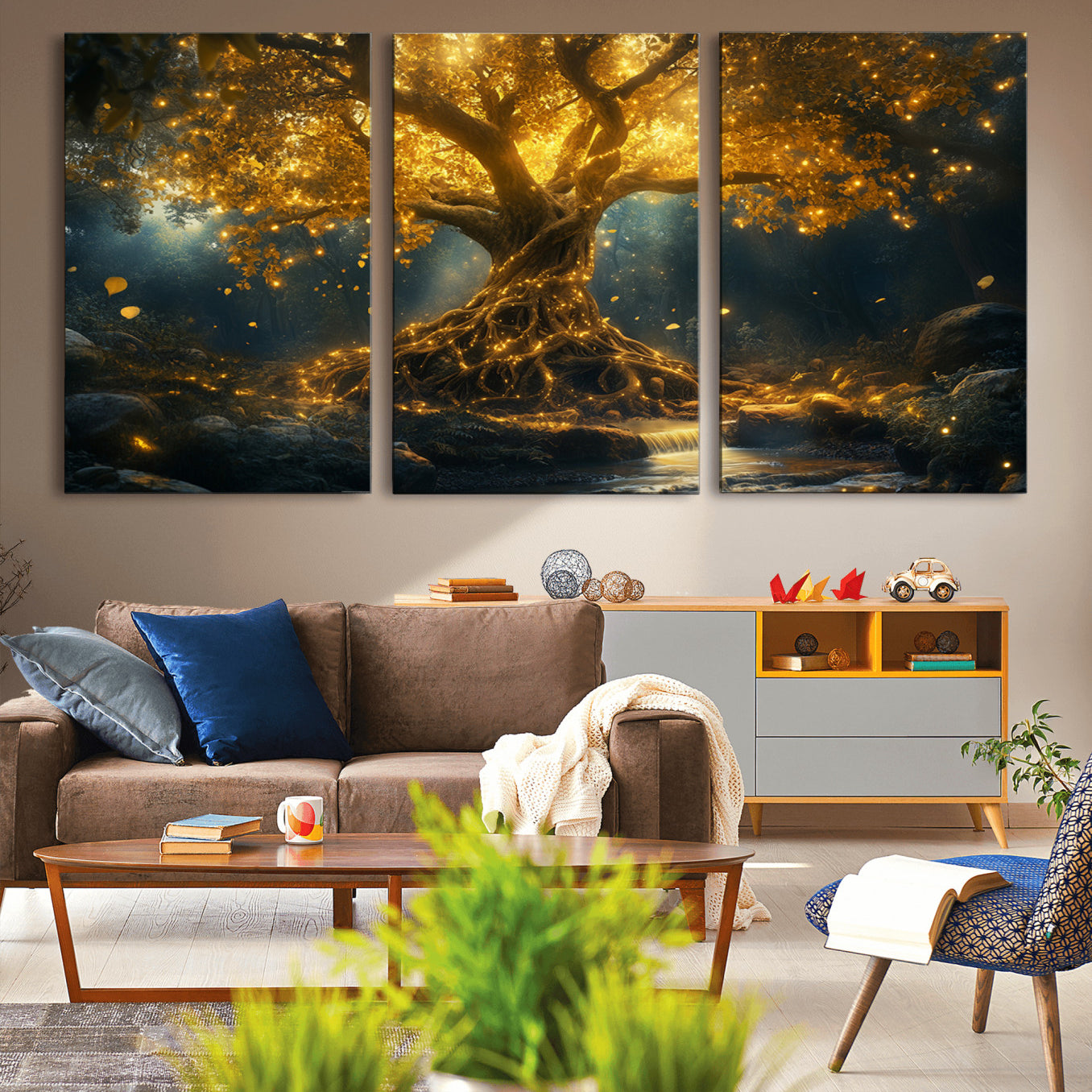 92739-MGV-CV-36X24-Golden Tree of Life Canvas Wall Art Print - Majestic Glowing Tree Wall Art Print