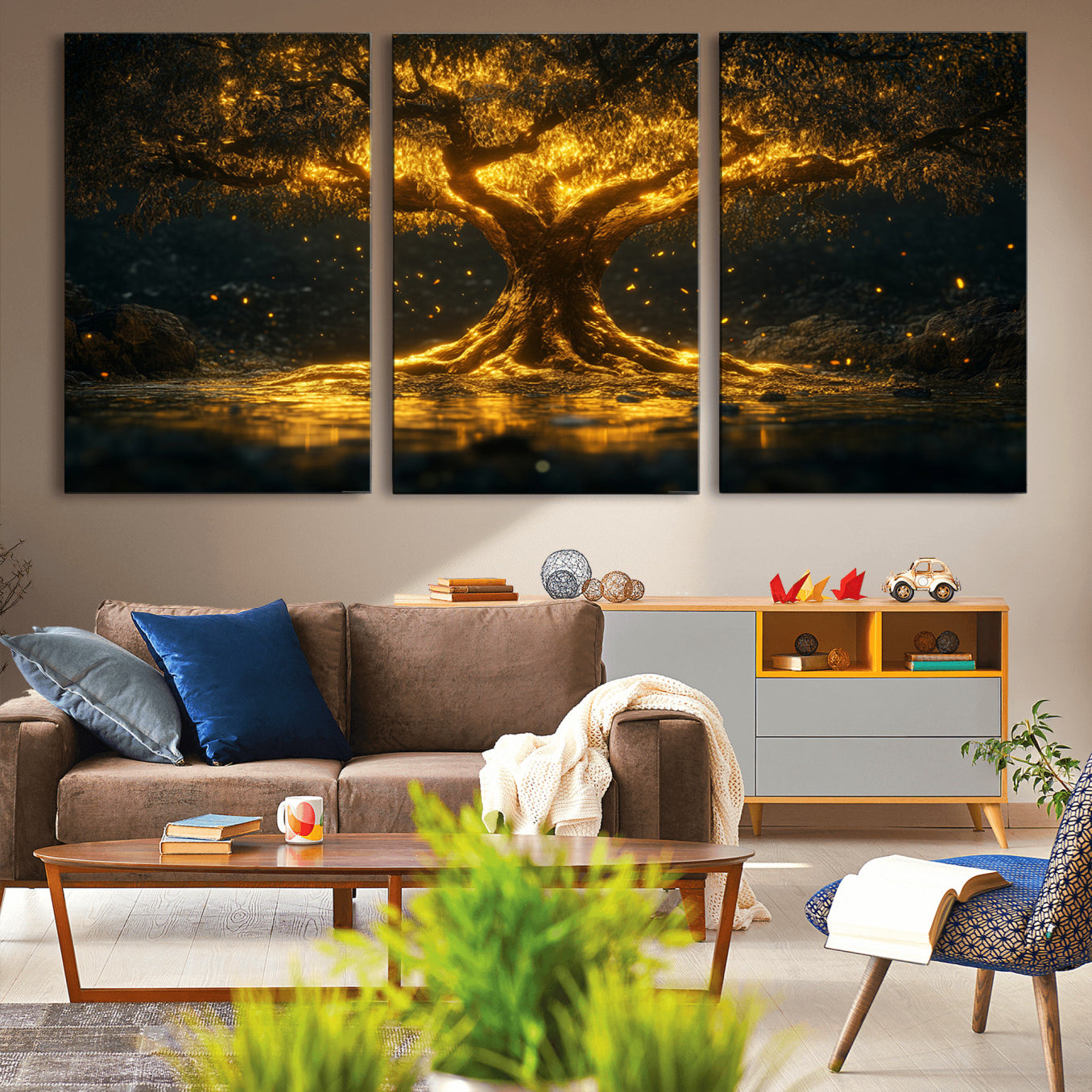 59580-MGV-CV-36X24-Golden Tree of Life Canvas Wall Art Print - Majestic Glowing Tree Wall Art Print
