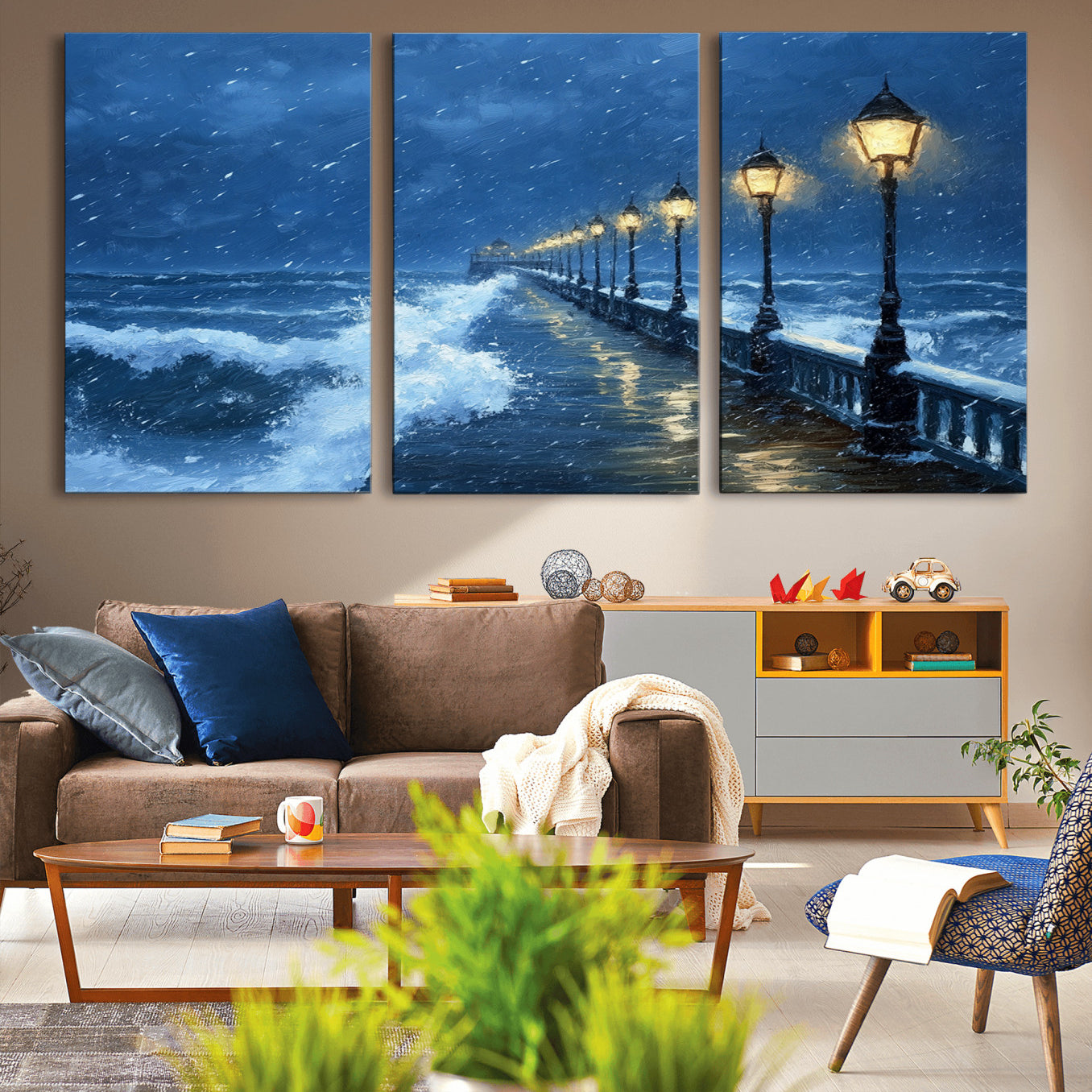 32668-MGV-CV-36X24-Stormy Ocean Pier Lights Canvas Wall Art Print - Large Moody Night Scene for Living Room, or Office,