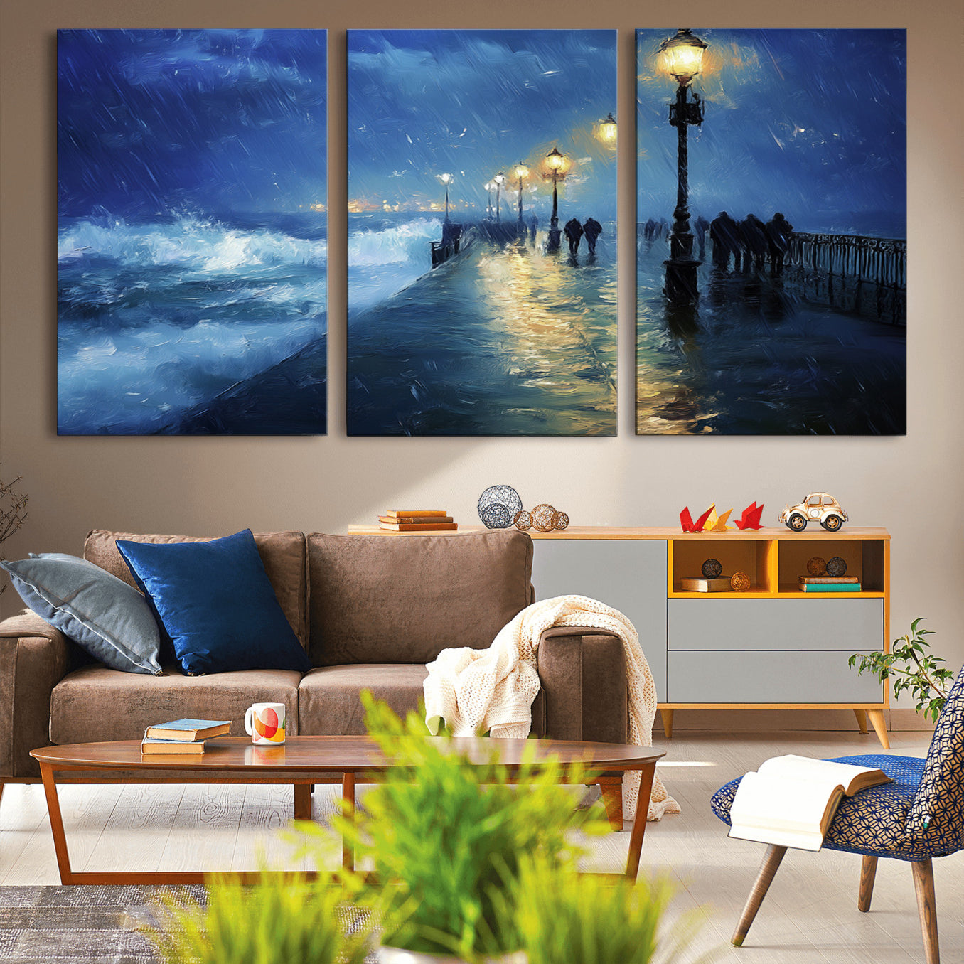 76572-MGV-CV-36X24-Abstract Stormy Ocean Pier Canvas Wall Art Print | Stormy Ocean Art | Large Moody Night Scene Print,