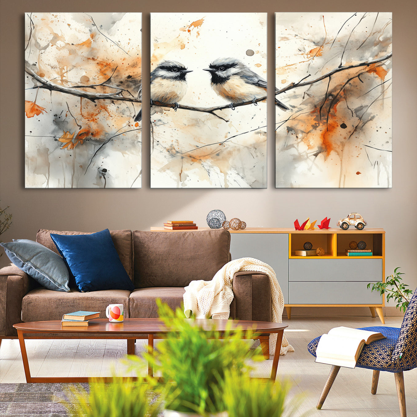 98244-MGV-CV-48X32-3P-Beautiful Birds Wall Art – Framed Watercolor Branch Canvas Artwork, Elegant Nature Design, Vibrant Decor for Home, Office