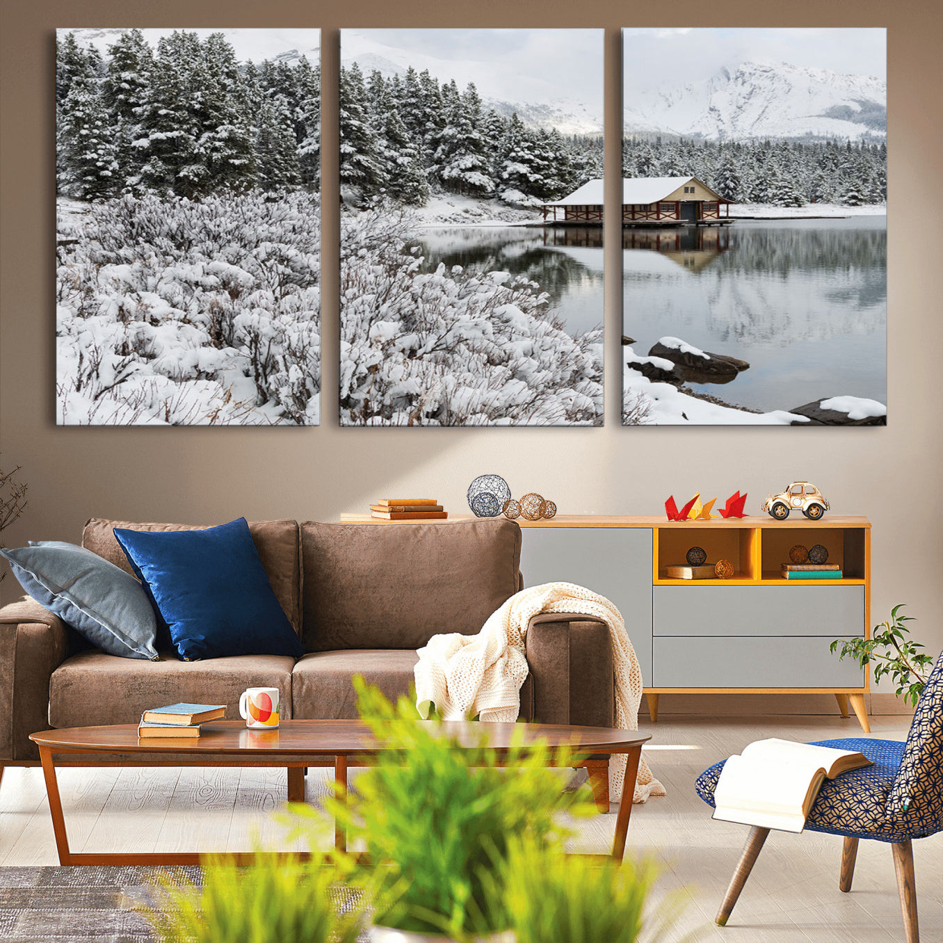 -Winter Wall Art - Cabin by the Lake Canvas Wall Art - Serene Snowy Landscape with Mountain View,
